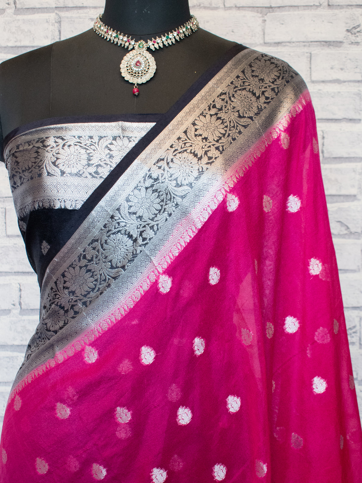 Banarasi Semi Chiffon Saree with Zari Weaving & Border- Magenta
