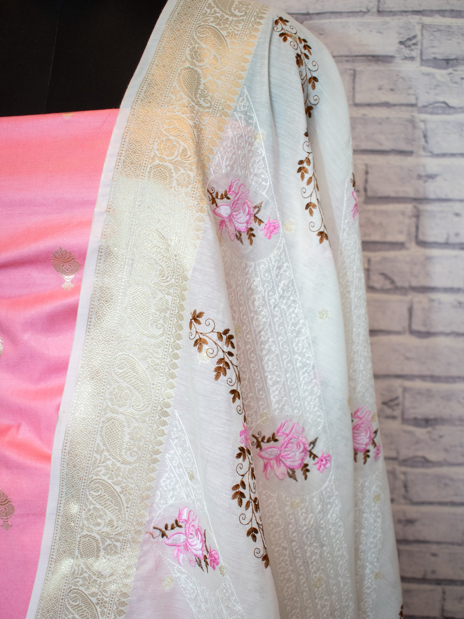 Banarasi Cotton Silk Salwar Kameez with Contrast Dupatta- Pink