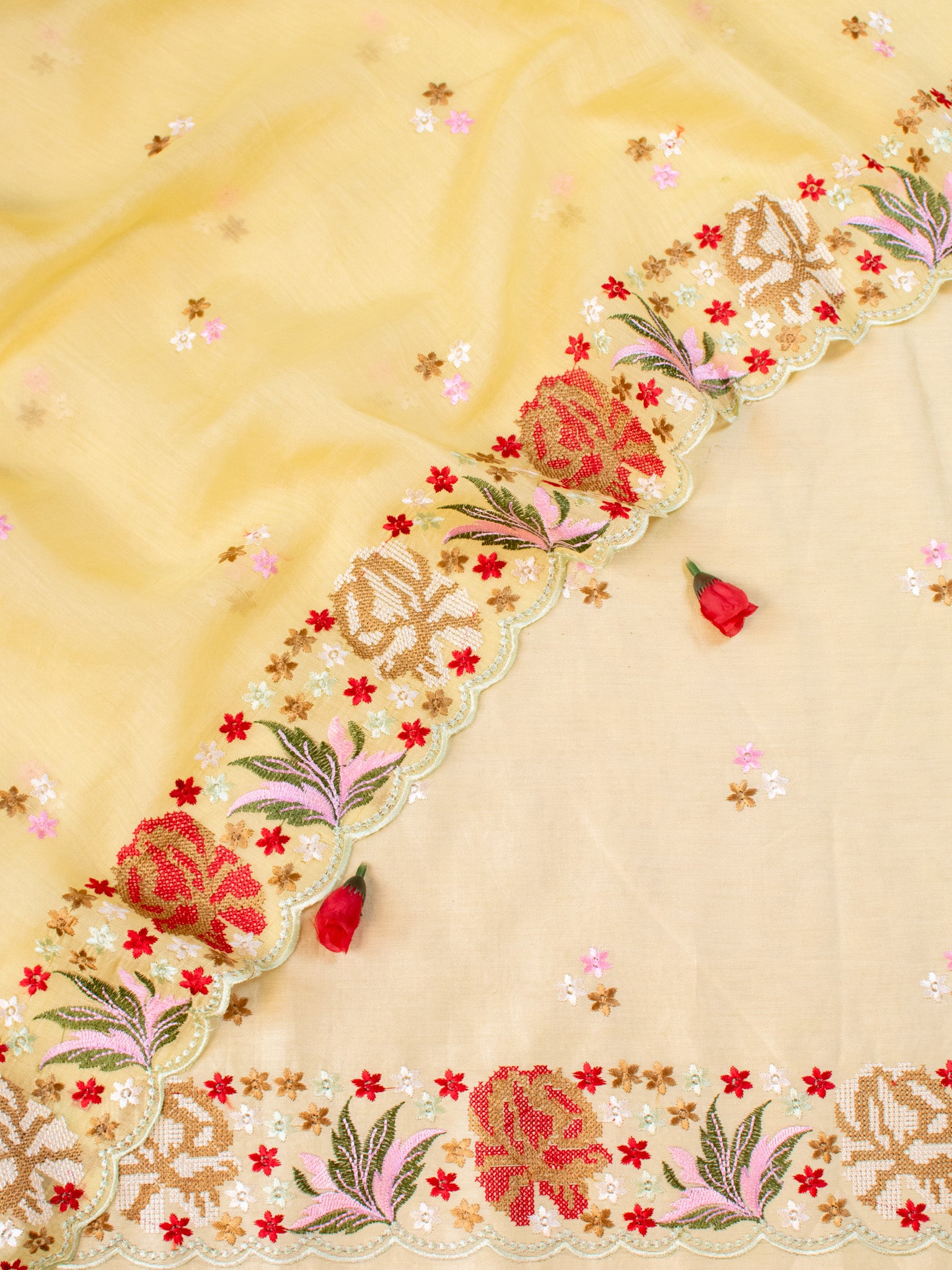 Banarasi Soft Cotton Embroidered Salwar Kameez Fabric With Dupatta- Yellow