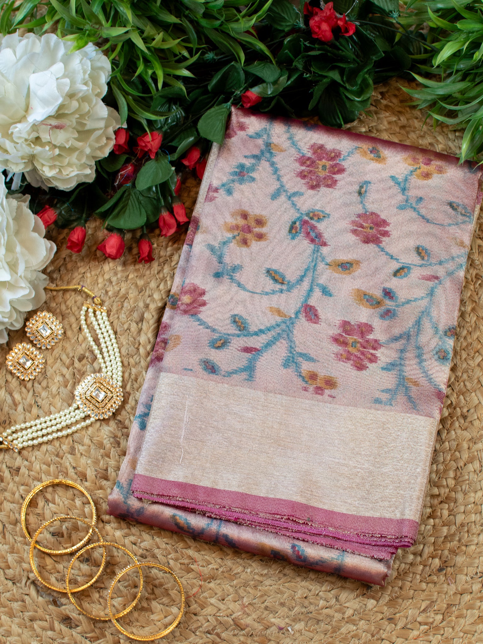 Banarasi Tissue Saree With Zari Weaving & Border-Pink