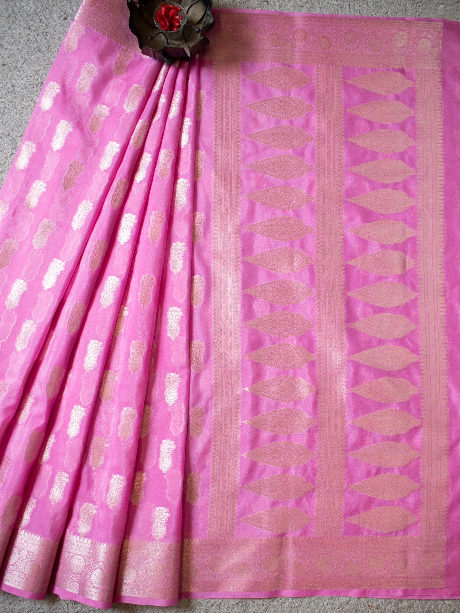 Banarasi Semi Silk Saree With Silver Zari Weaving & Border-Pink