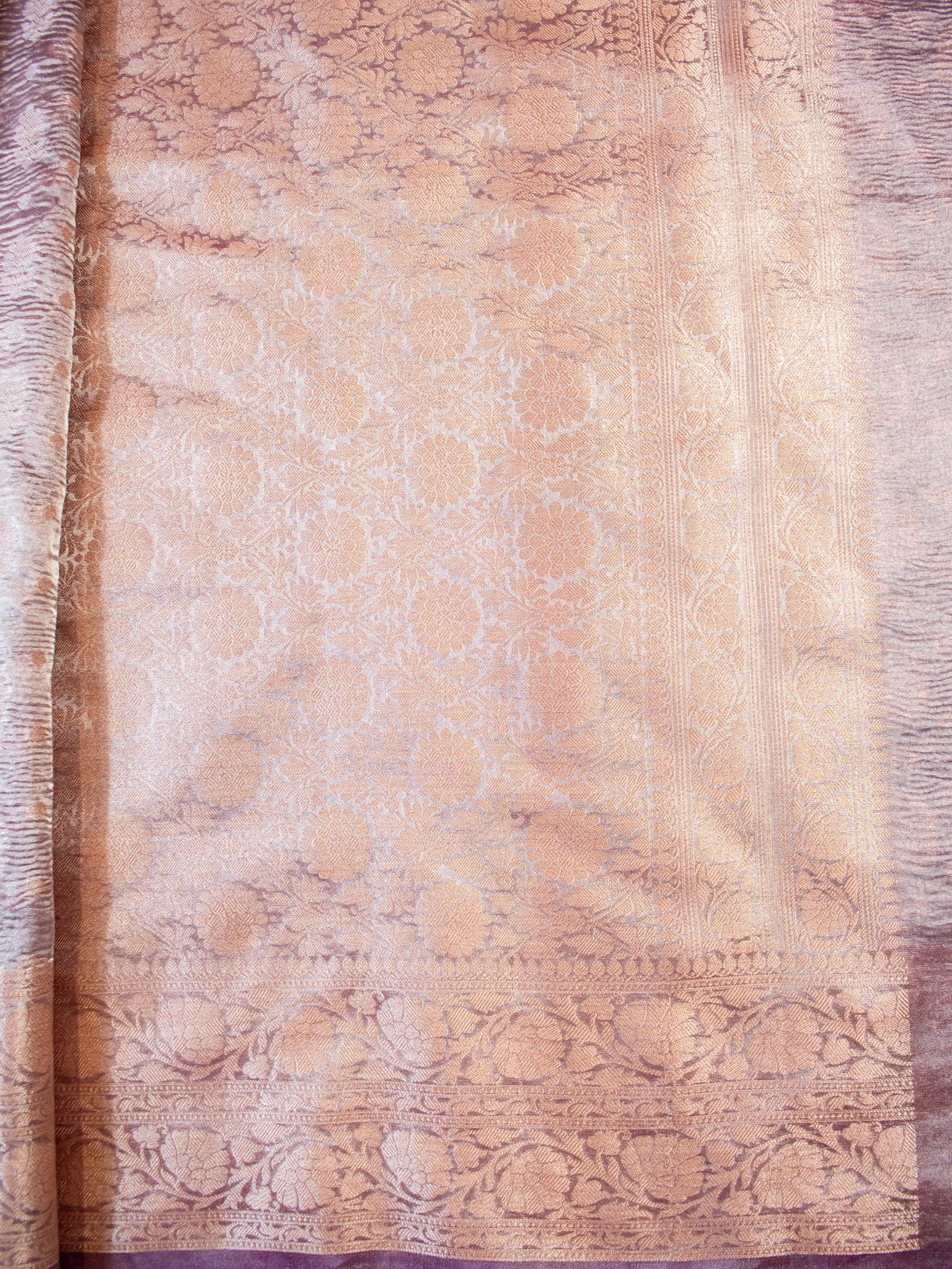 Banarasi Crushed Tissue Saree With Buti & Zari Border-Dark Mauve