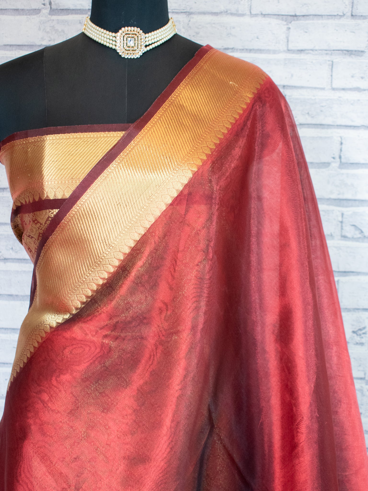 Banarasi Plain Tissue Saree With Zari Border- Brown