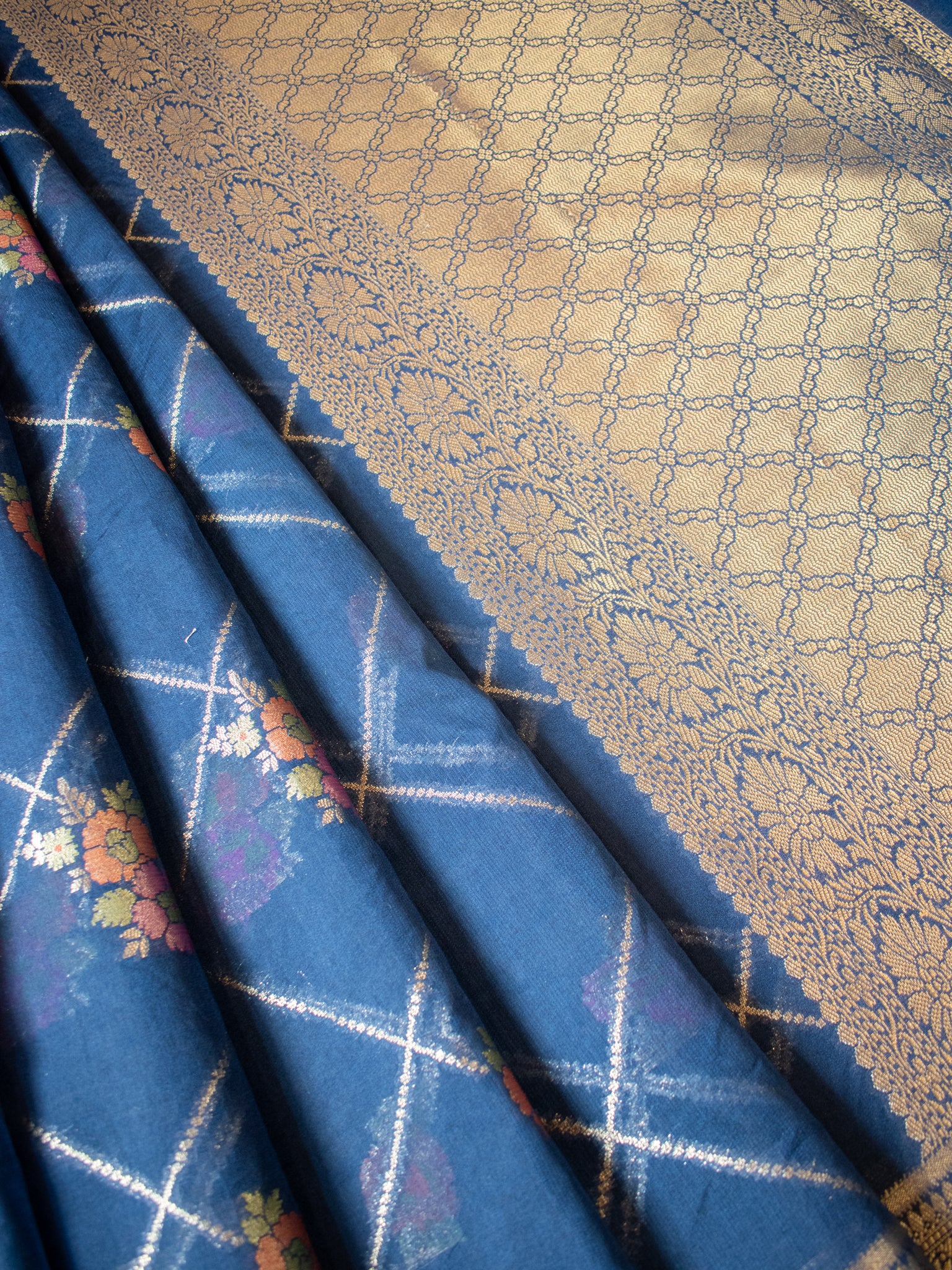 Banarasi Semi Georgette Saree with Floral Weaving & Border- Blue