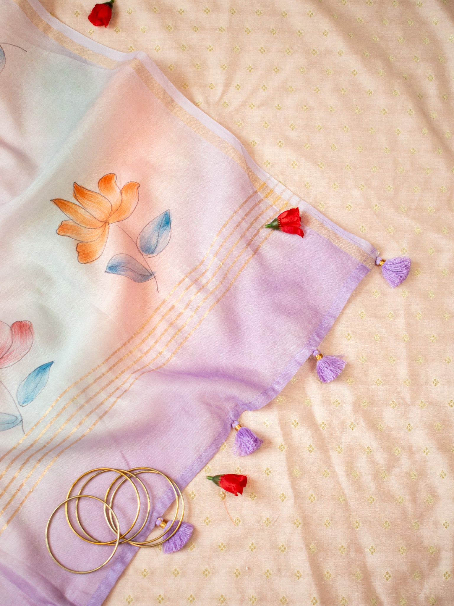 Banarasi Soft Cotton Salwar Kameez Fabric With Hand Painted Dupatta- Lavender