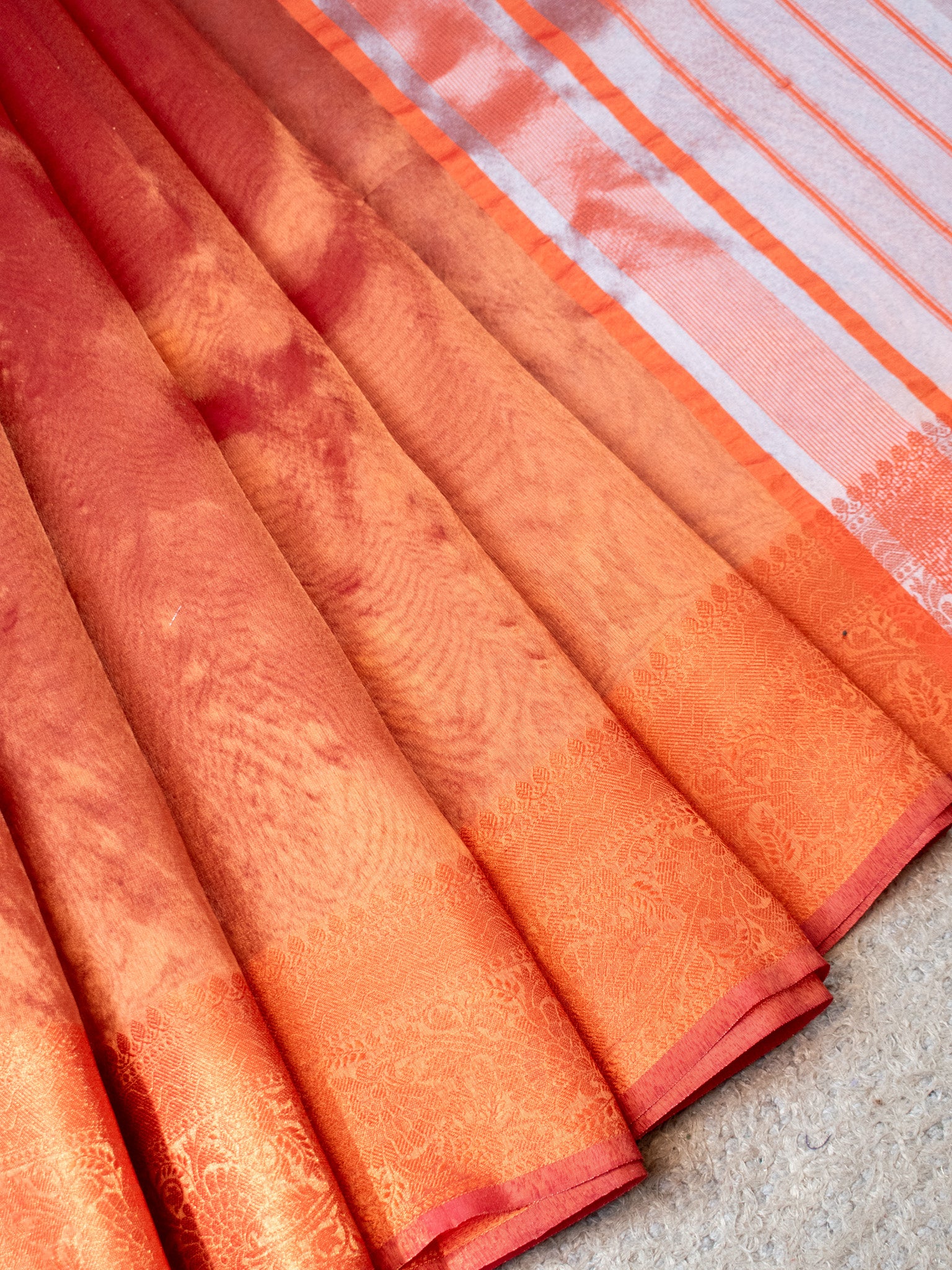 Banarasi Plain Shaded Tissue Saree With Zari Border - Orange