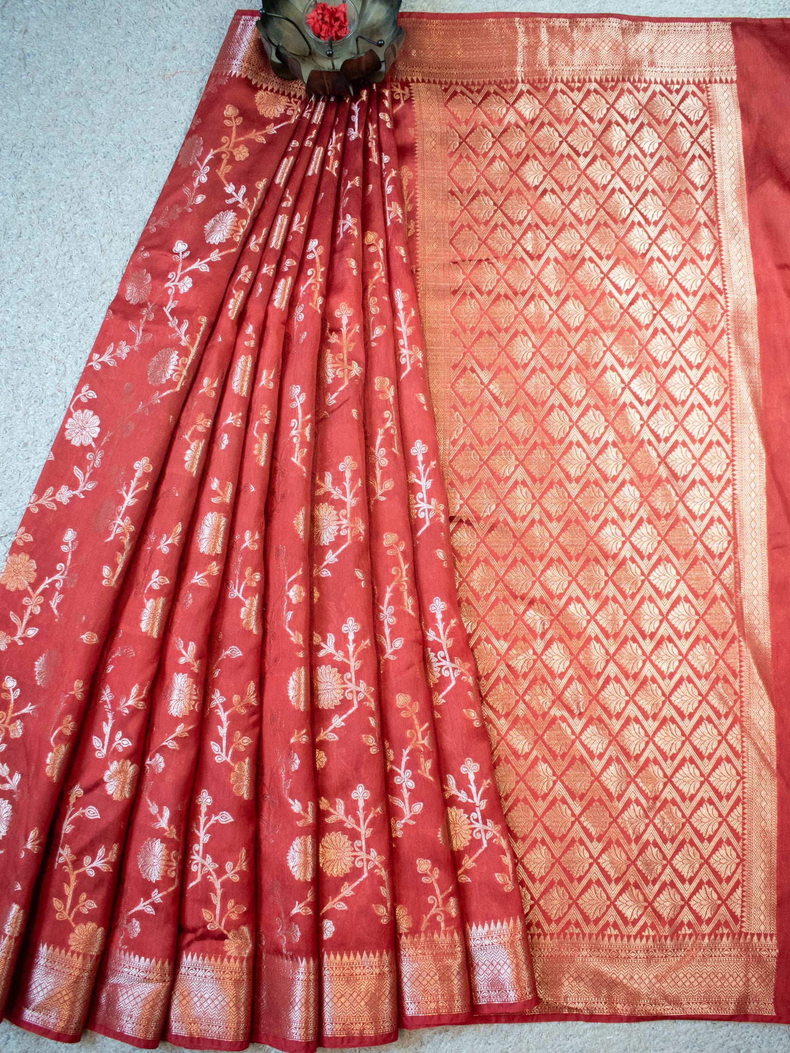 Banarasi Cotton Silk Saree With Floral Weaving & Border- Red