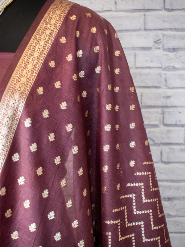 Banarasi Cotton Silk Salwar Kameez Material With Silver Zari Weaving & Dupatta-Brown