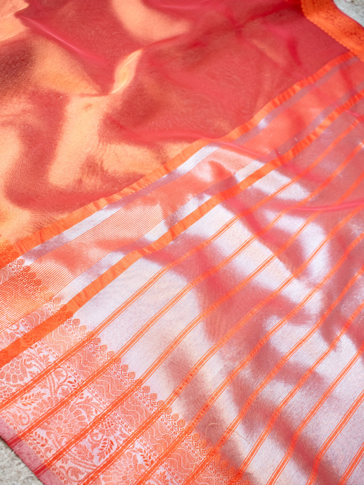 Banarasi Plain Shaded Tissue Saree With Zari Border - Orange