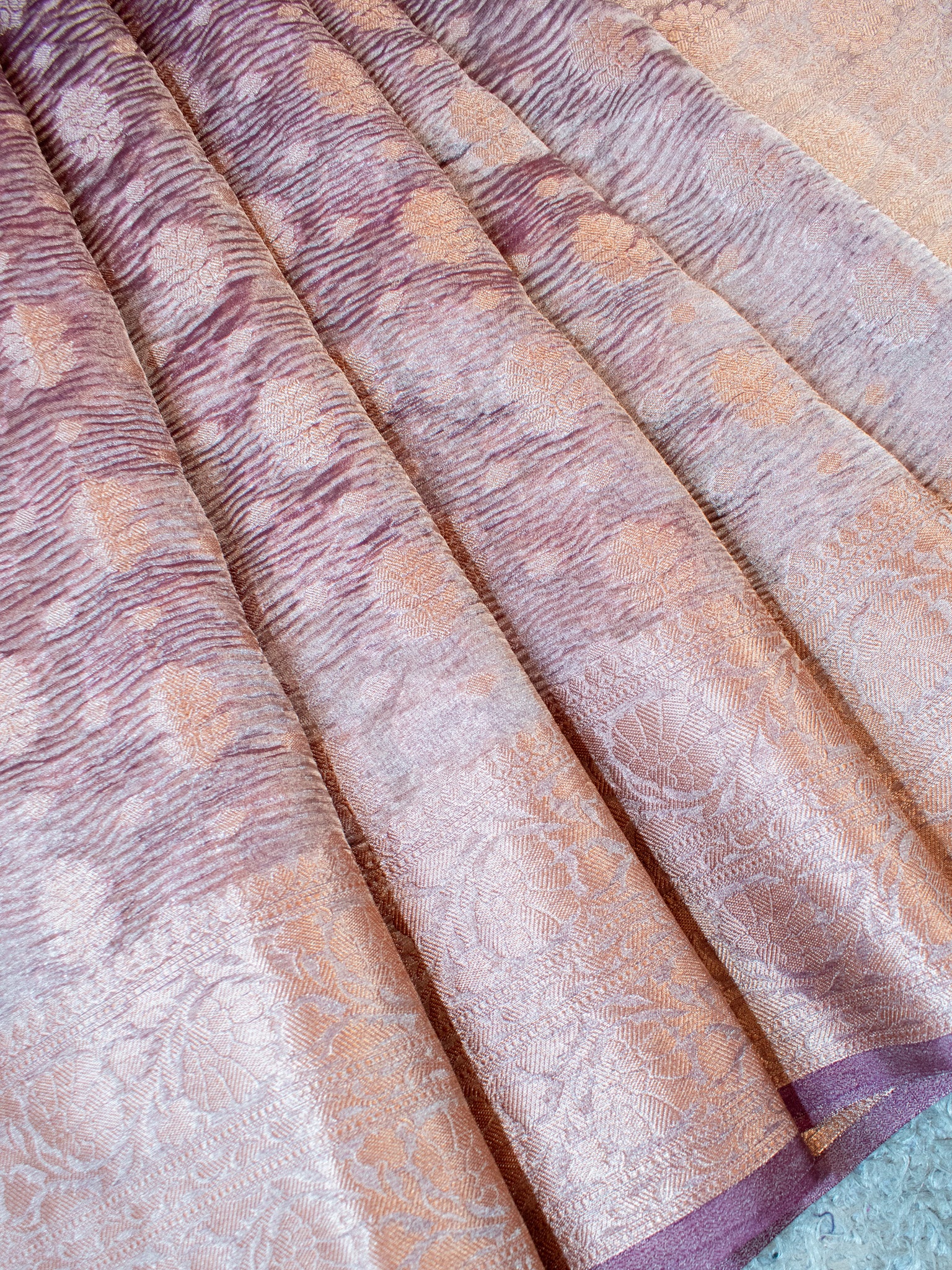 Banarasi Crushed Tissue Saree With Buti & Zari Border-Dark Mauve