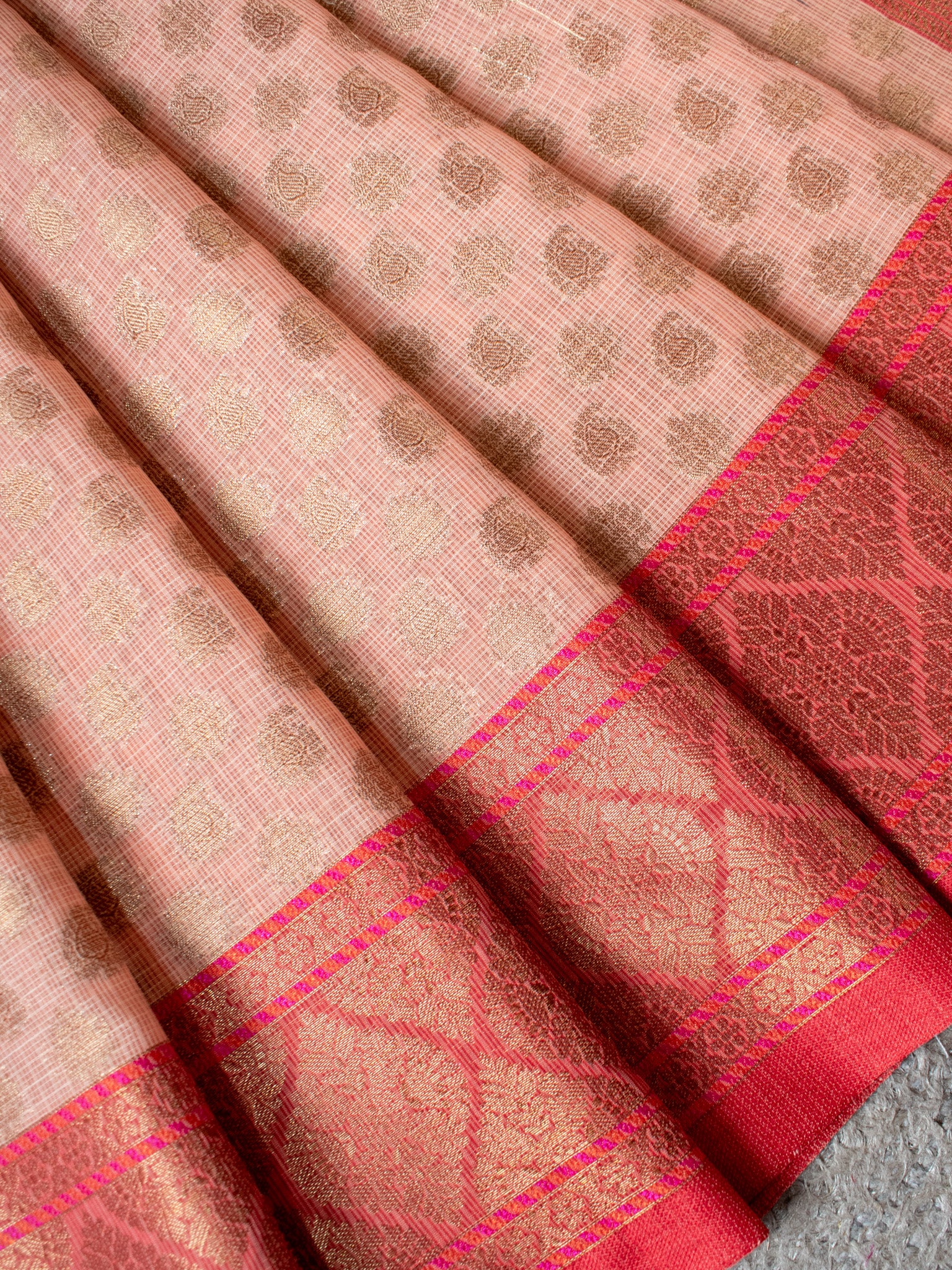 Banarasi Kota Check Saree With Buti Contrast Red Border-Beige