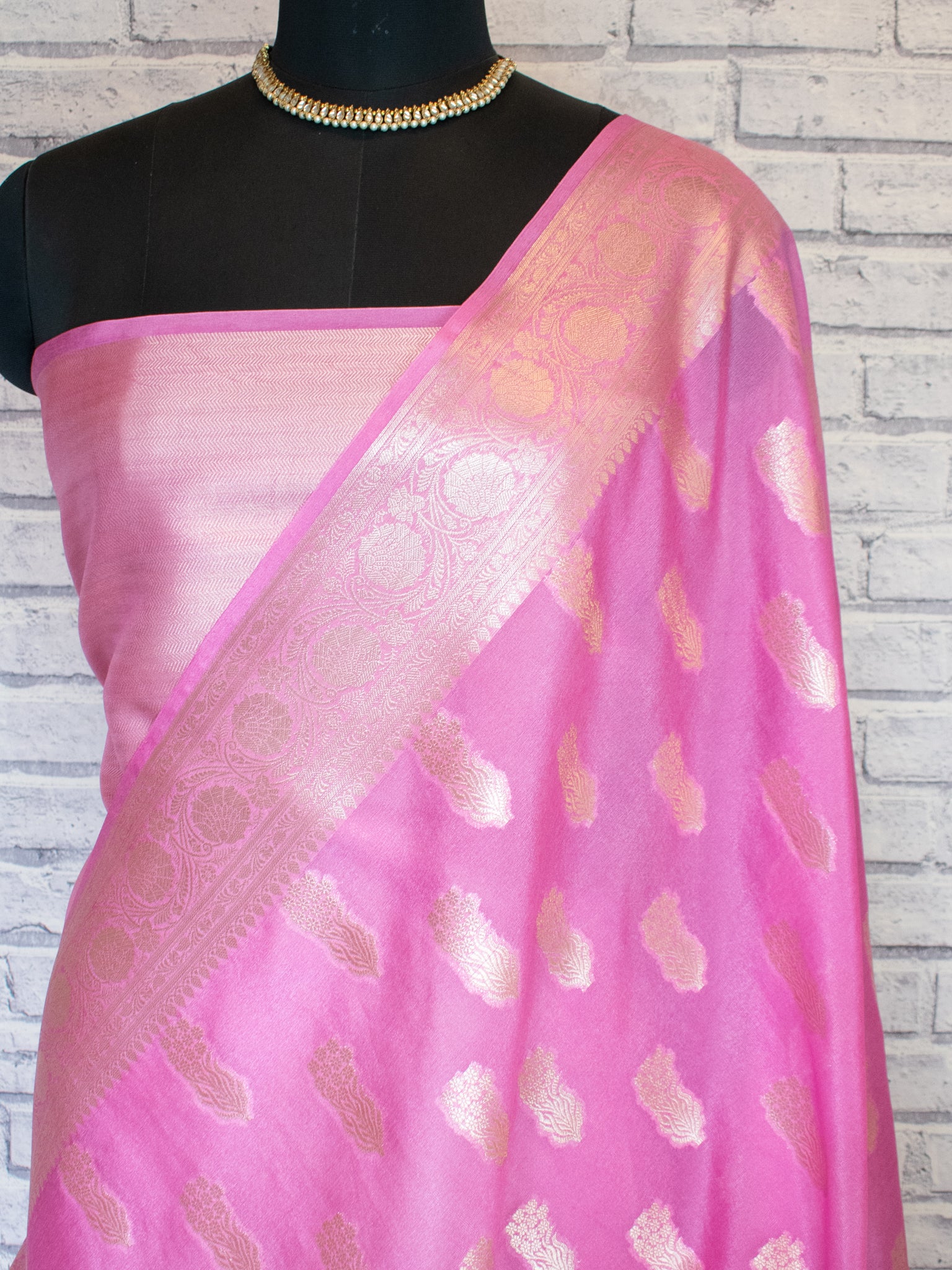 Banarasi Semi Silk Saree With Silver Zari Weaving & Border-Pink