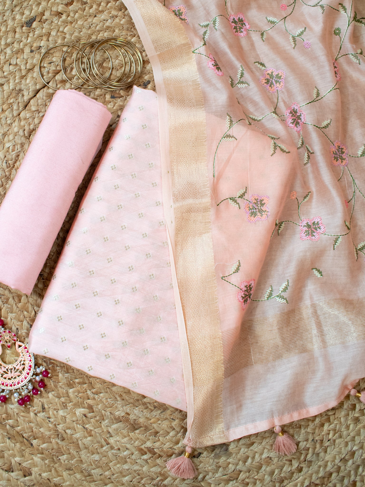 Banarasi Pure Chanderi Salwar Kameez Fabric With Embroidered Dupatta-Peach