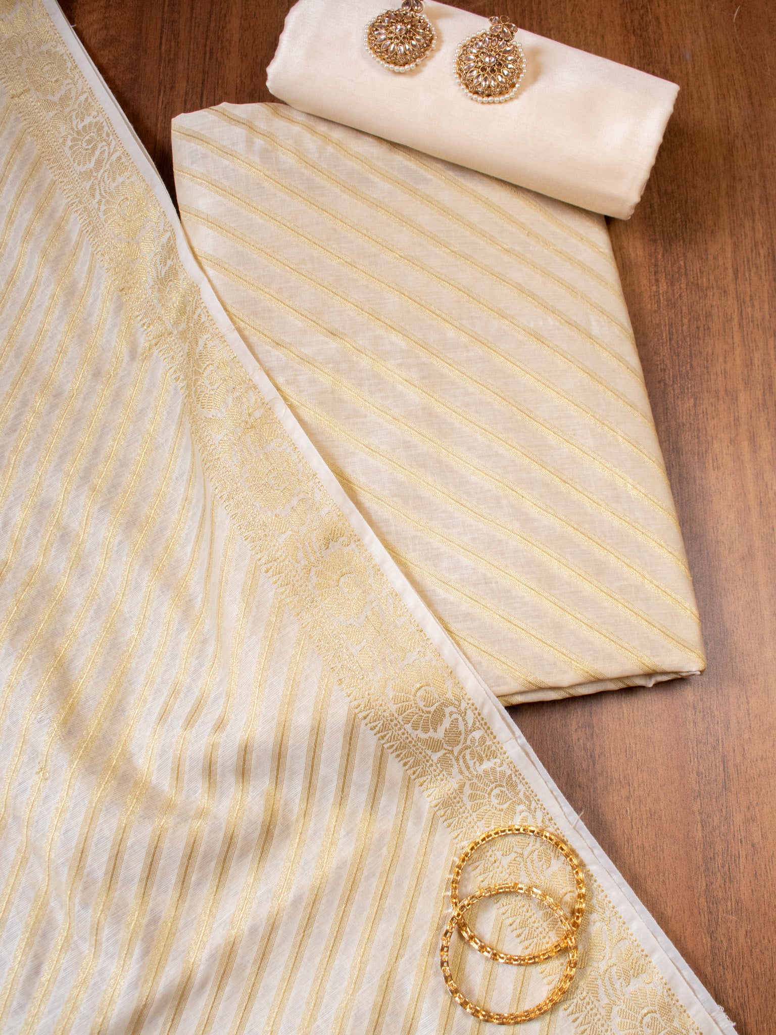 Banarasi Cotton Silk Zari Weaving Salwar Kameez Material-Cream