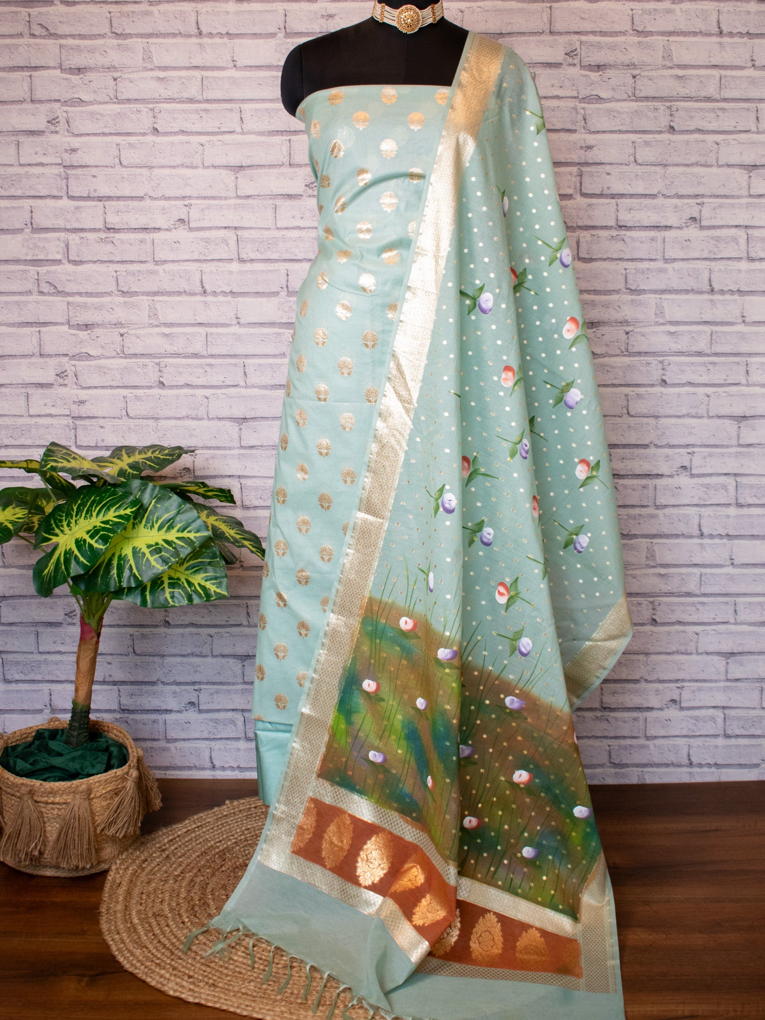 Banarasi Cotton Silk Salwar Kameez Material With Silver Zari & Hand Printed Dupatta-Blue