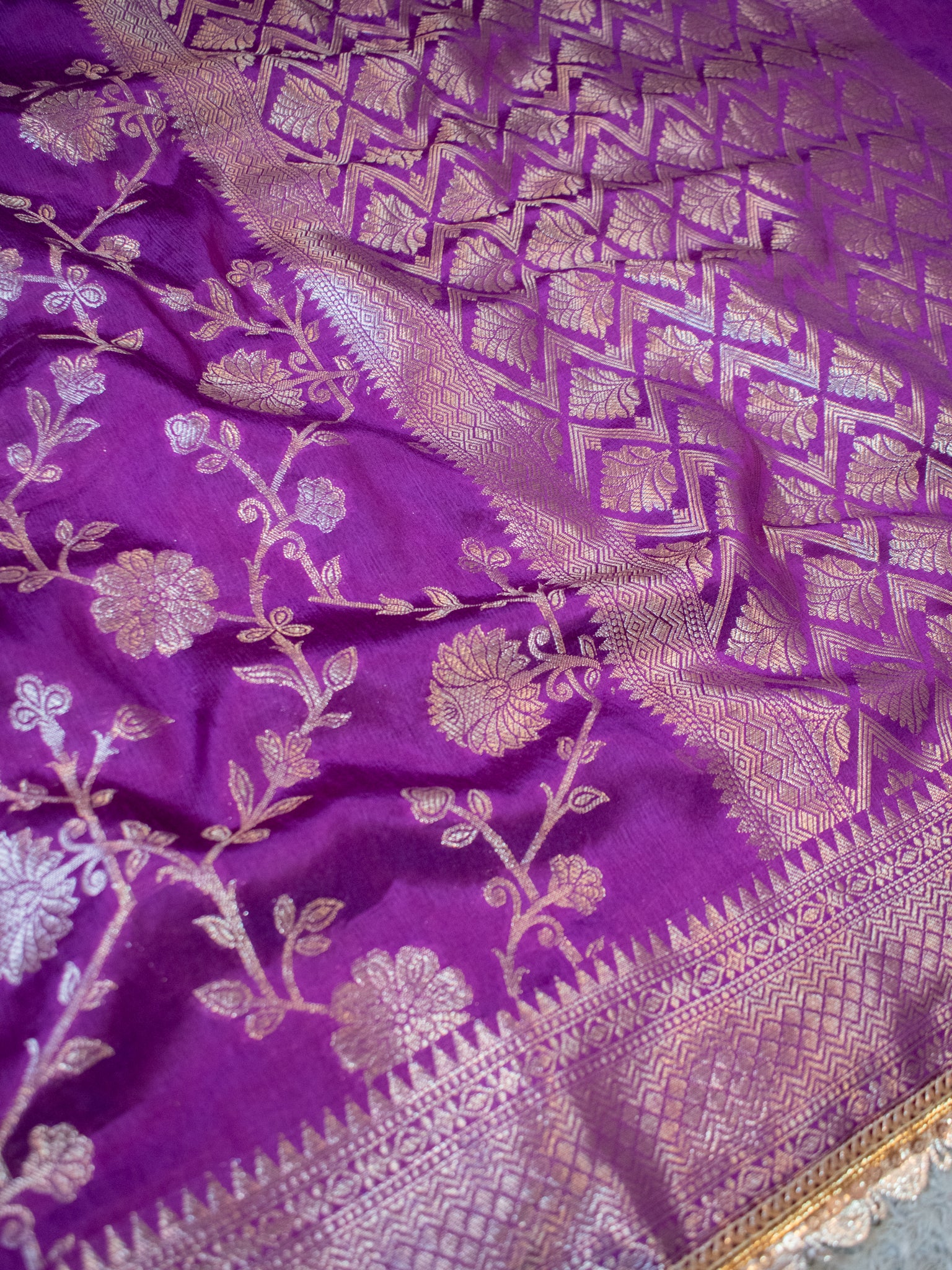 Banarasi Cotton Silk Saree With Floral Weaving & Lace Border- Violet