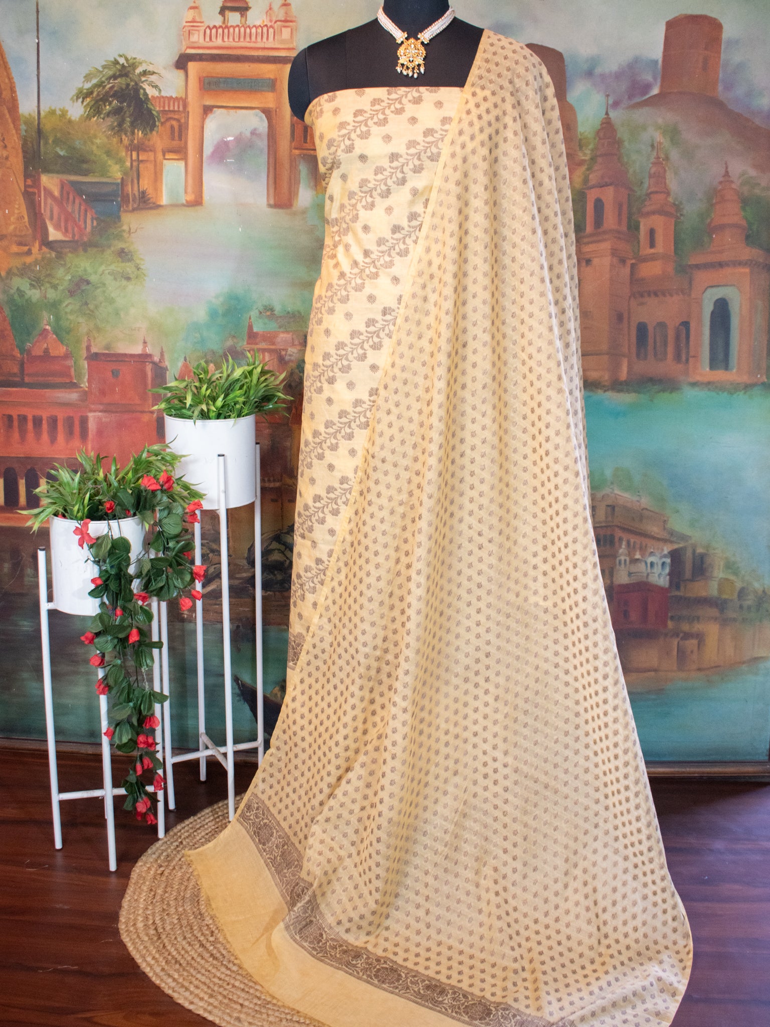 Banarasi Soft Cotton Salwar Kameez With Resham Weaving & Dupatta- Beige