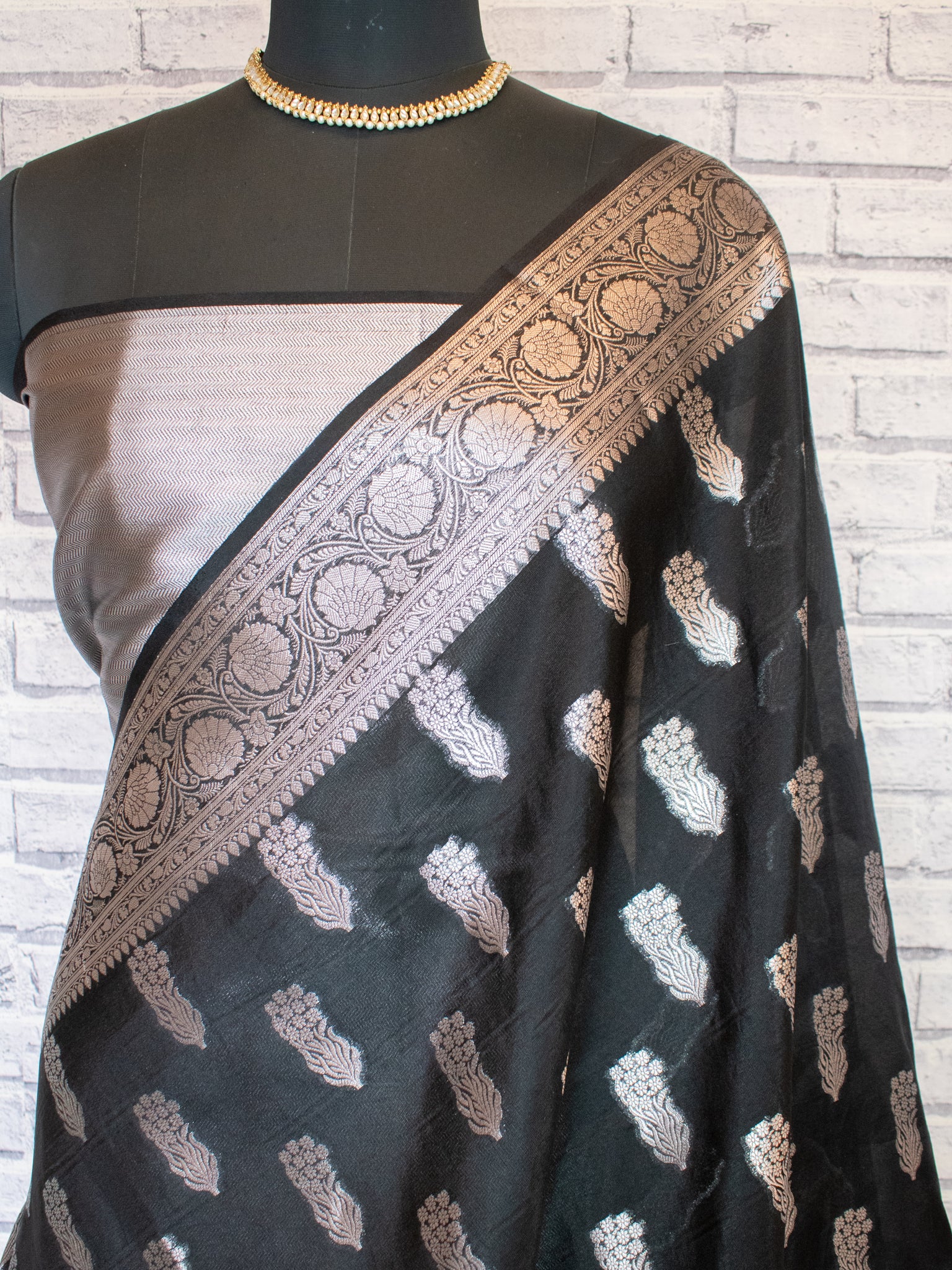 Banarasi Semi Silk Saree With Silver Zari Weaving & Border- Black