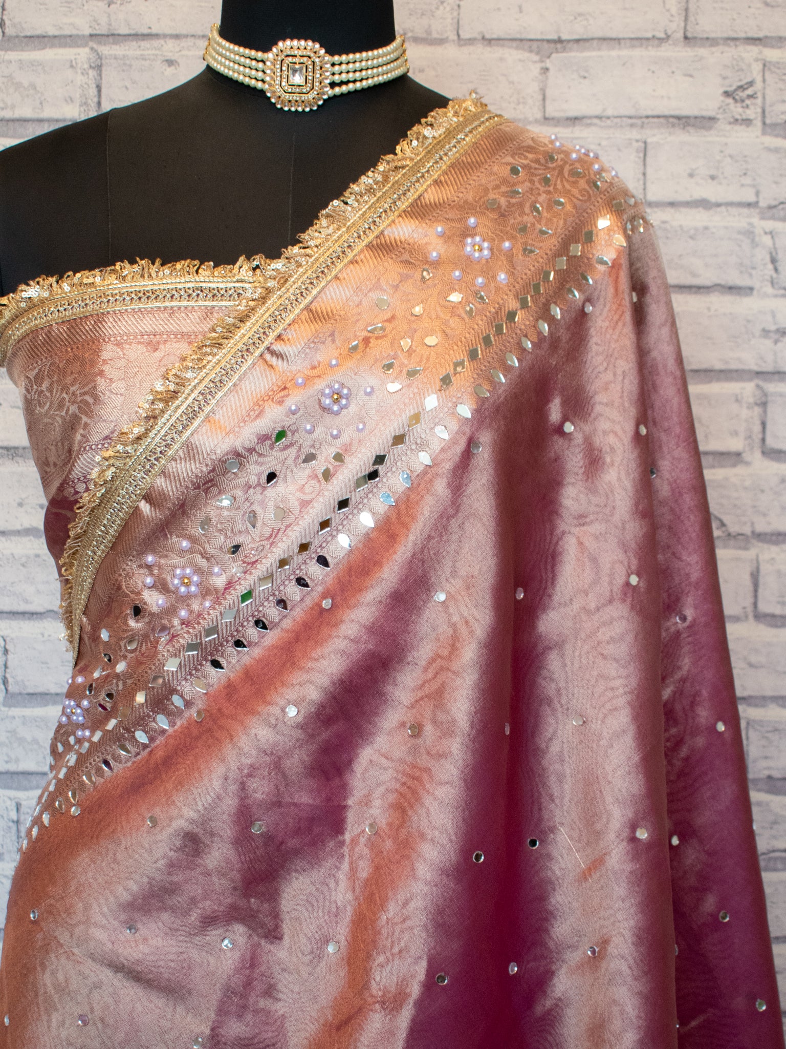 Banarasi Mirror Work Tissue Saree with Lace Border - Pink