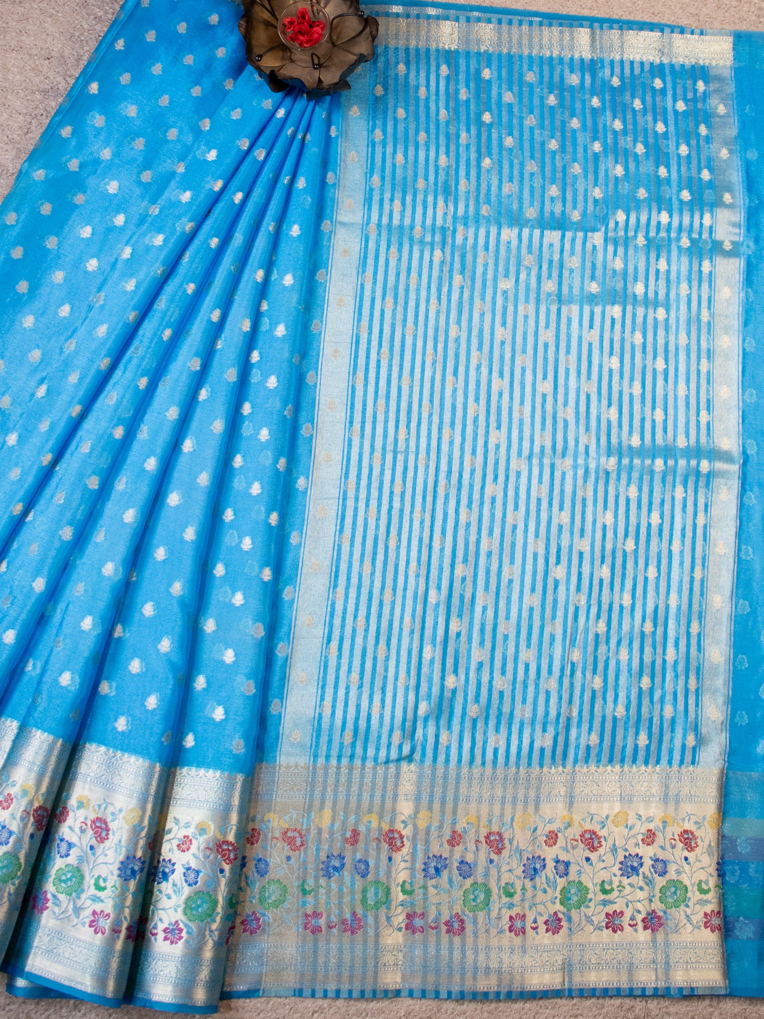 Banarasi Kora Saree With Zari Weaving & Meena Border-Blue