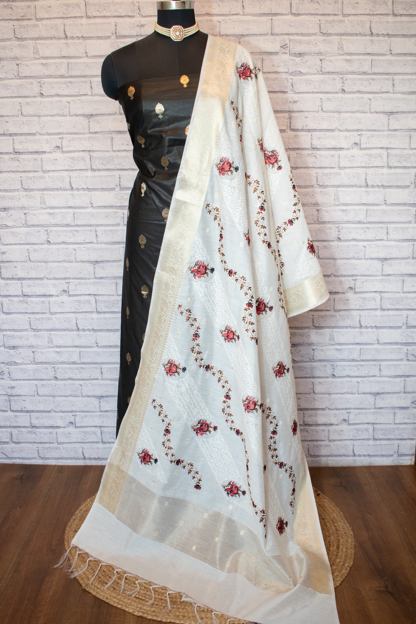 Banarasi Cotton Silk Salwar Kameez with Contrast Dupatta- Black