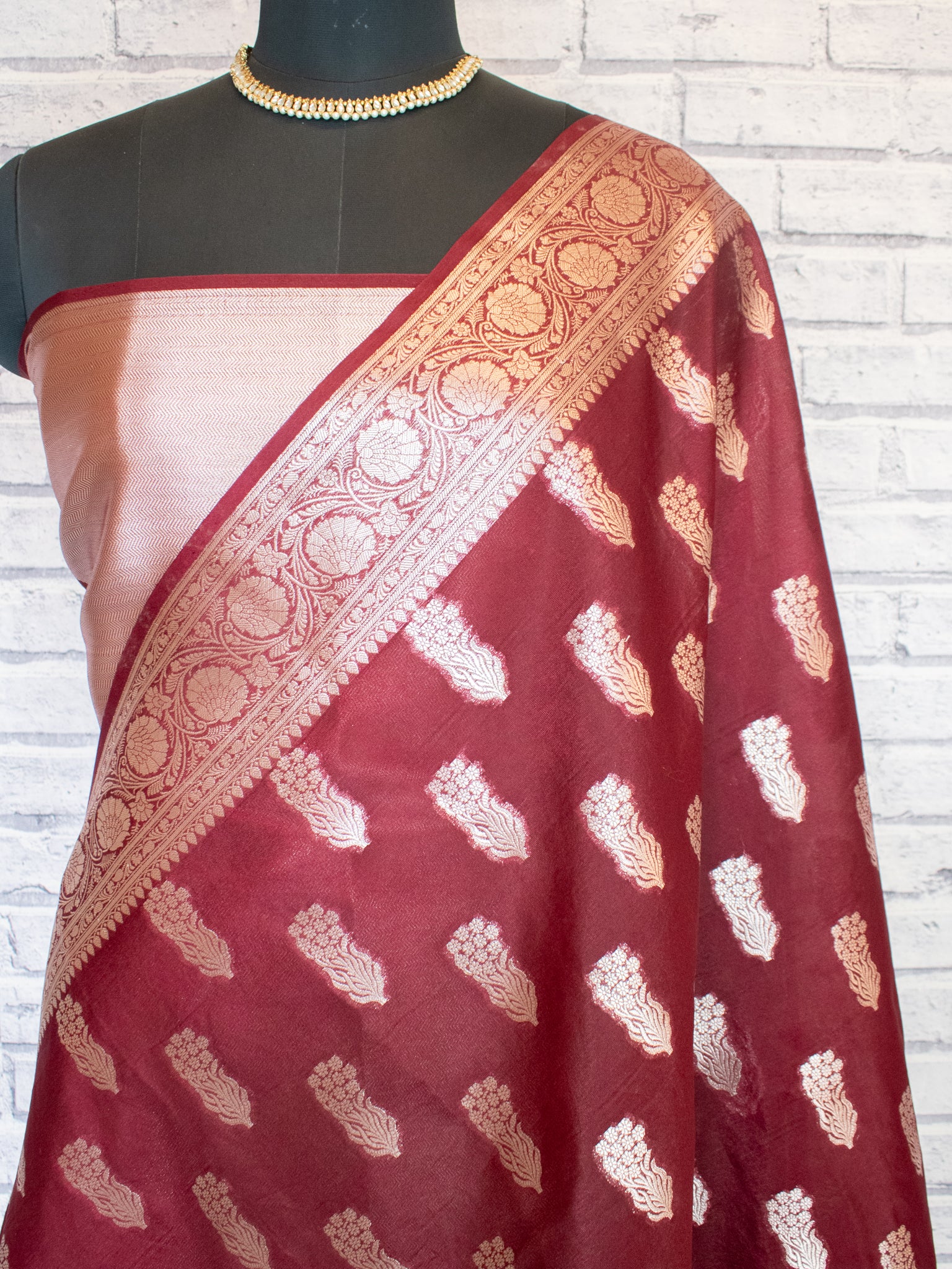 Banarasi Semi Silk Saree With Silver Zari Weaving & Border- Maroon