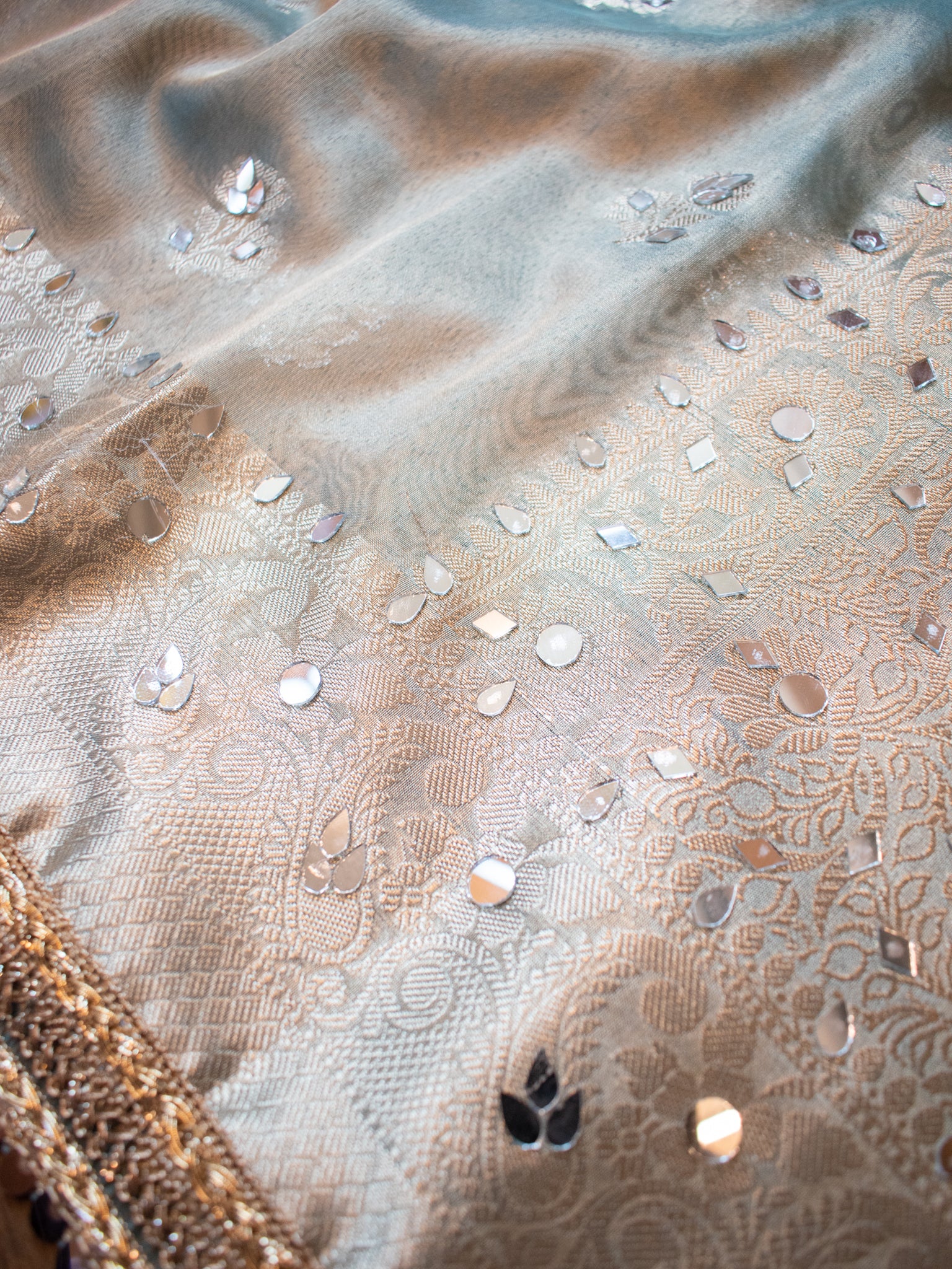 Banarasi Tissue Saree With Mirror Work & Lace Border- Pastel Blue