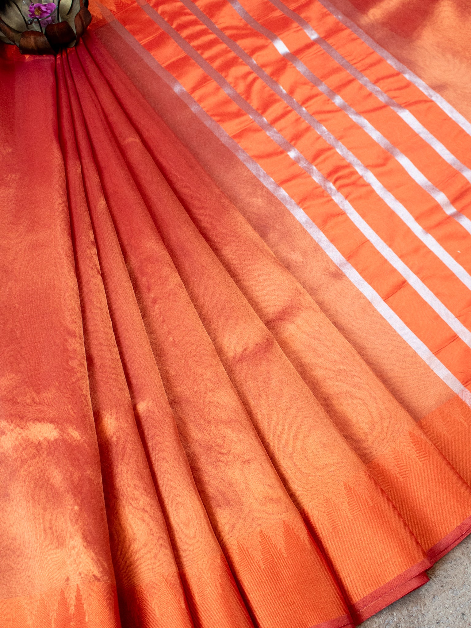 Banarasi Plain Shaded Tissue Saree With Zari Border - Orange