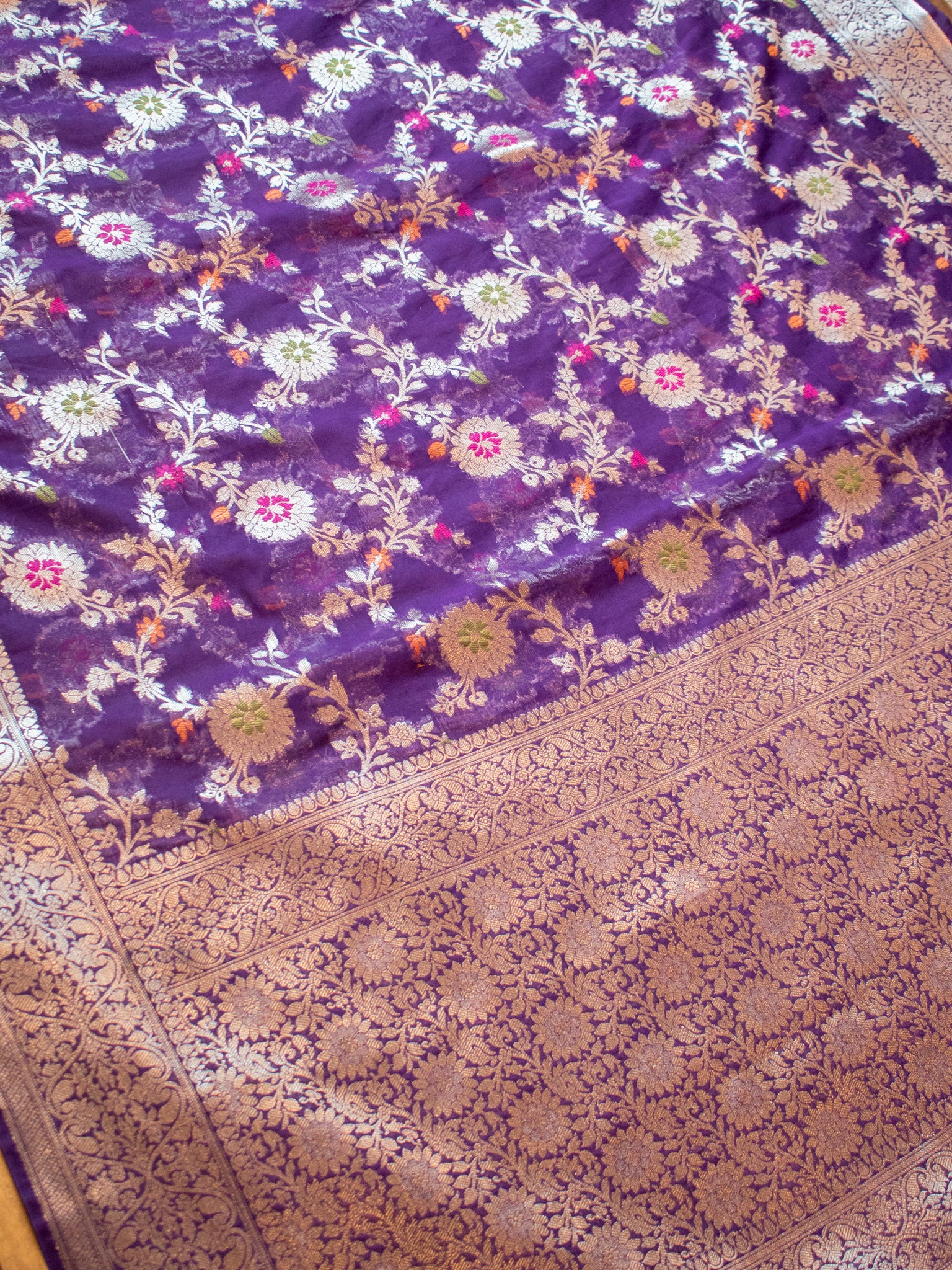 Banarasi Semi Silk Saree with Floral Weaving - Purple