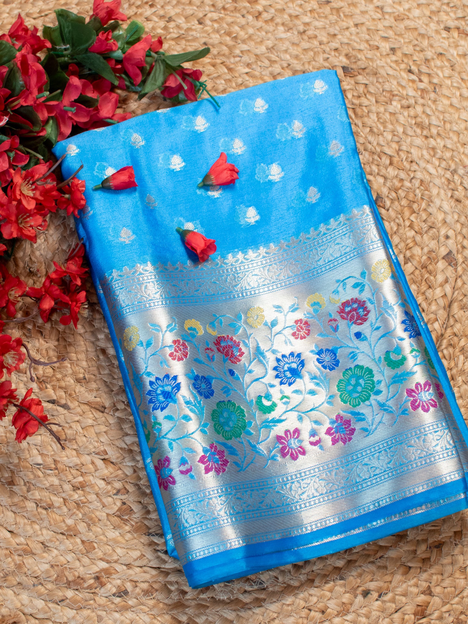 Banarasi Kora Saree With Zari Weaving & Meena Border-Blue