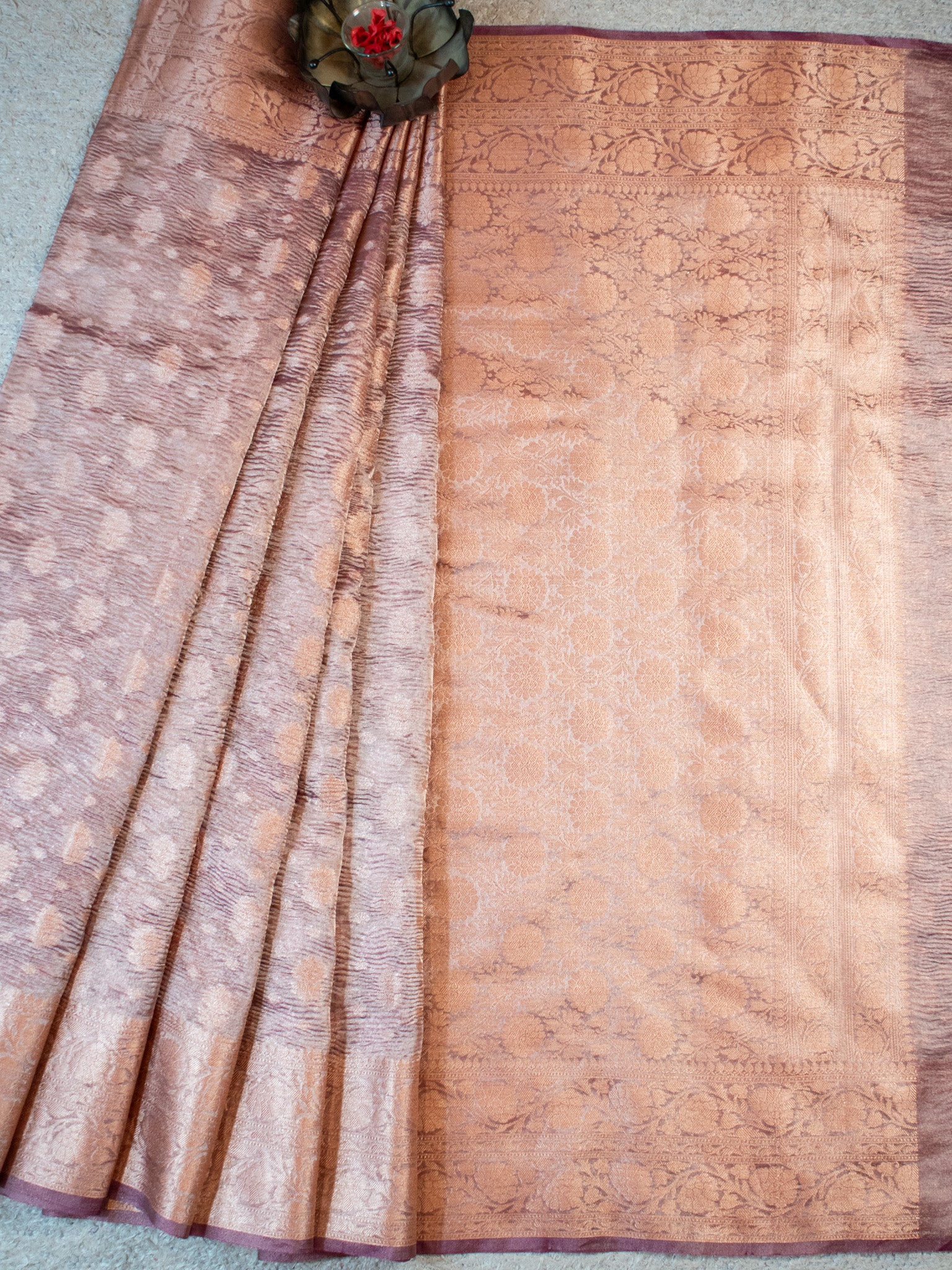 Banarasi Crushed Tissue Saree With Buti & Zari Border-Dark Mauve