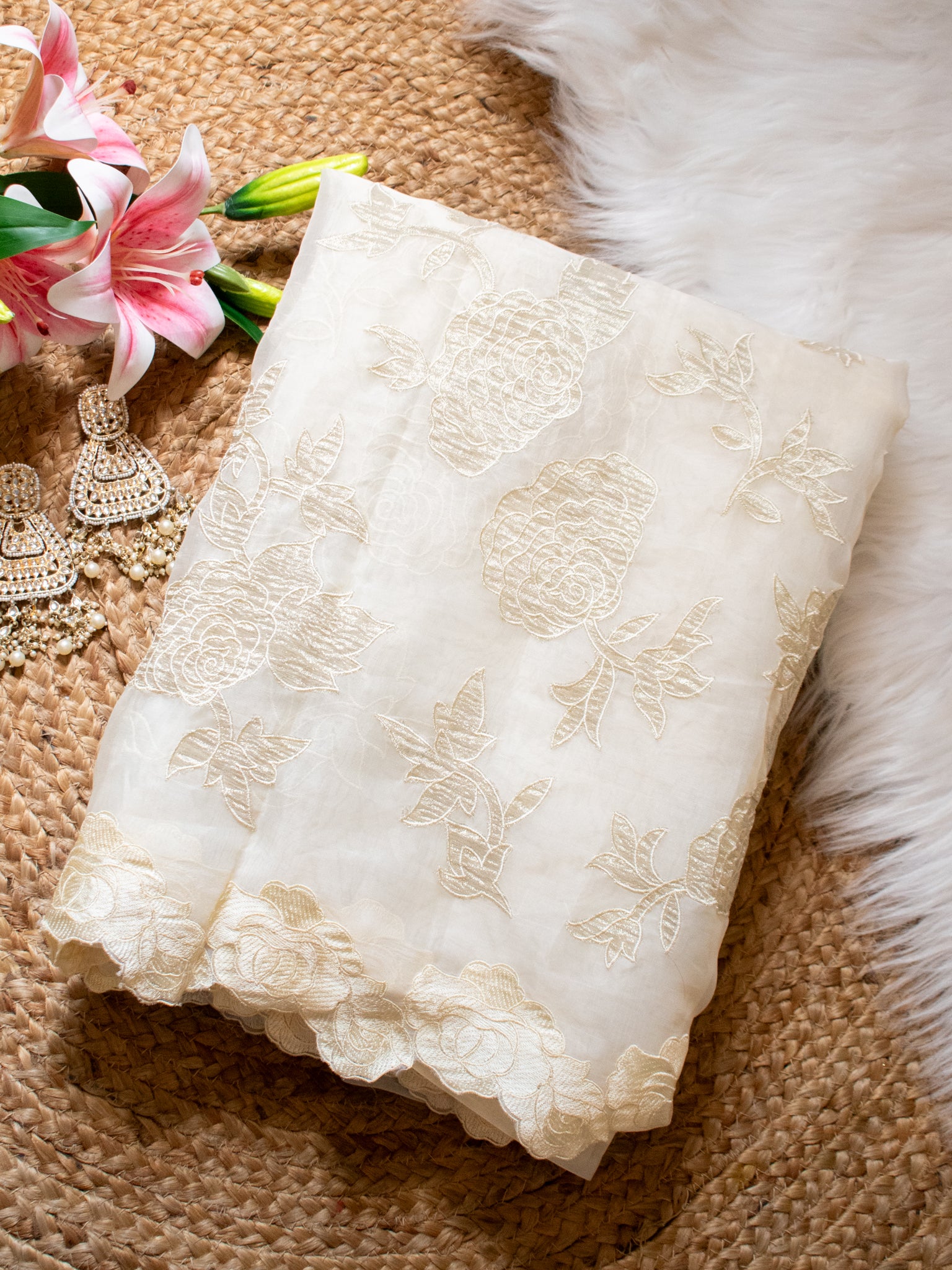 Banarasi Pure Organza Saree With Floral Cutwork & Hand Embroidery-Off White