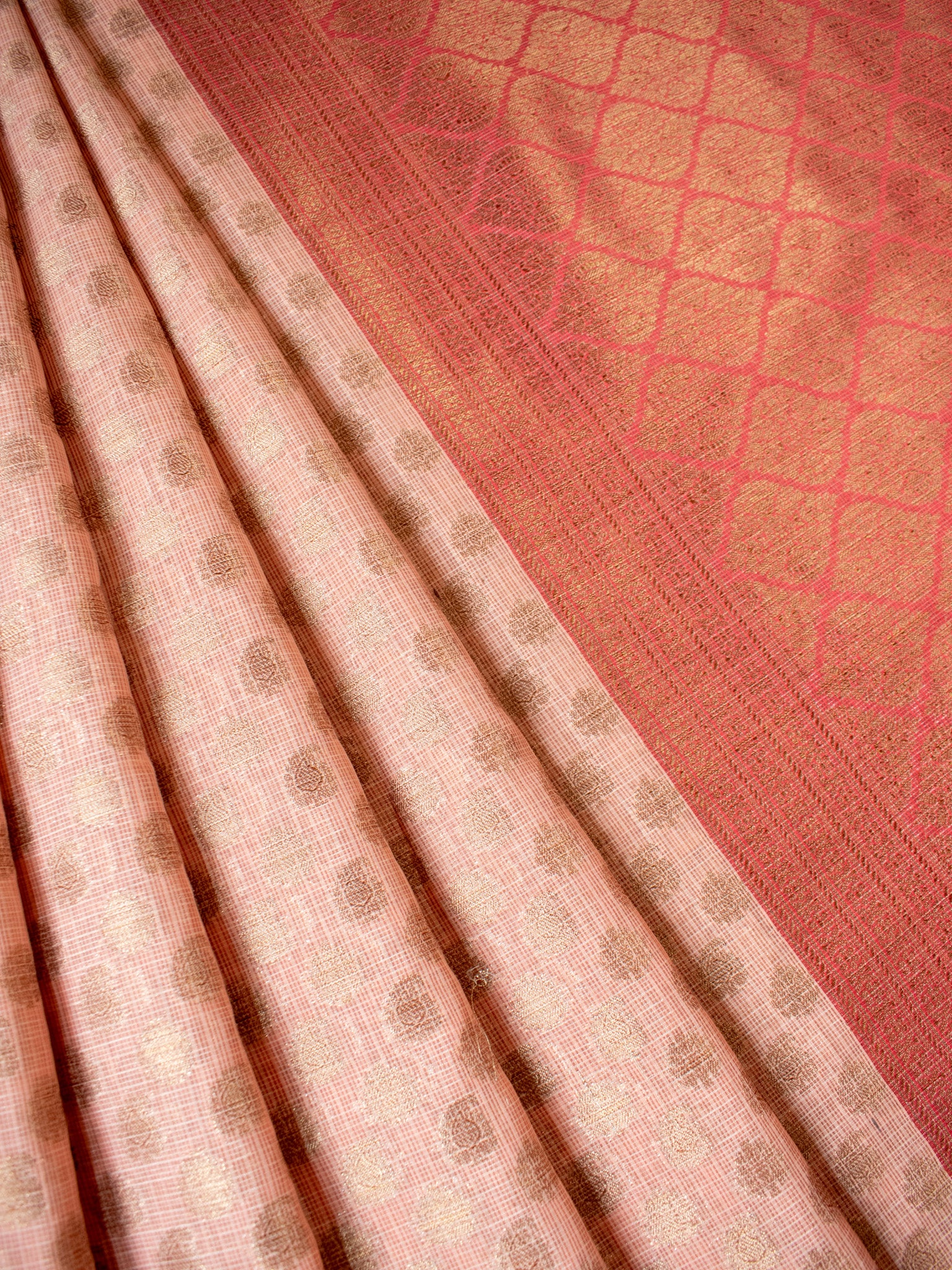 Banarasi Kota Check Saree With Buti Contrast Red Border-Beige