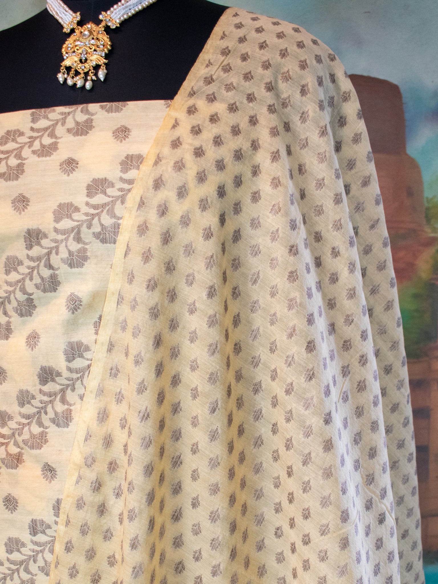 Banarasi Soft Cotton Salwar Kameez With Resham Weaving & Dupatta- Beige