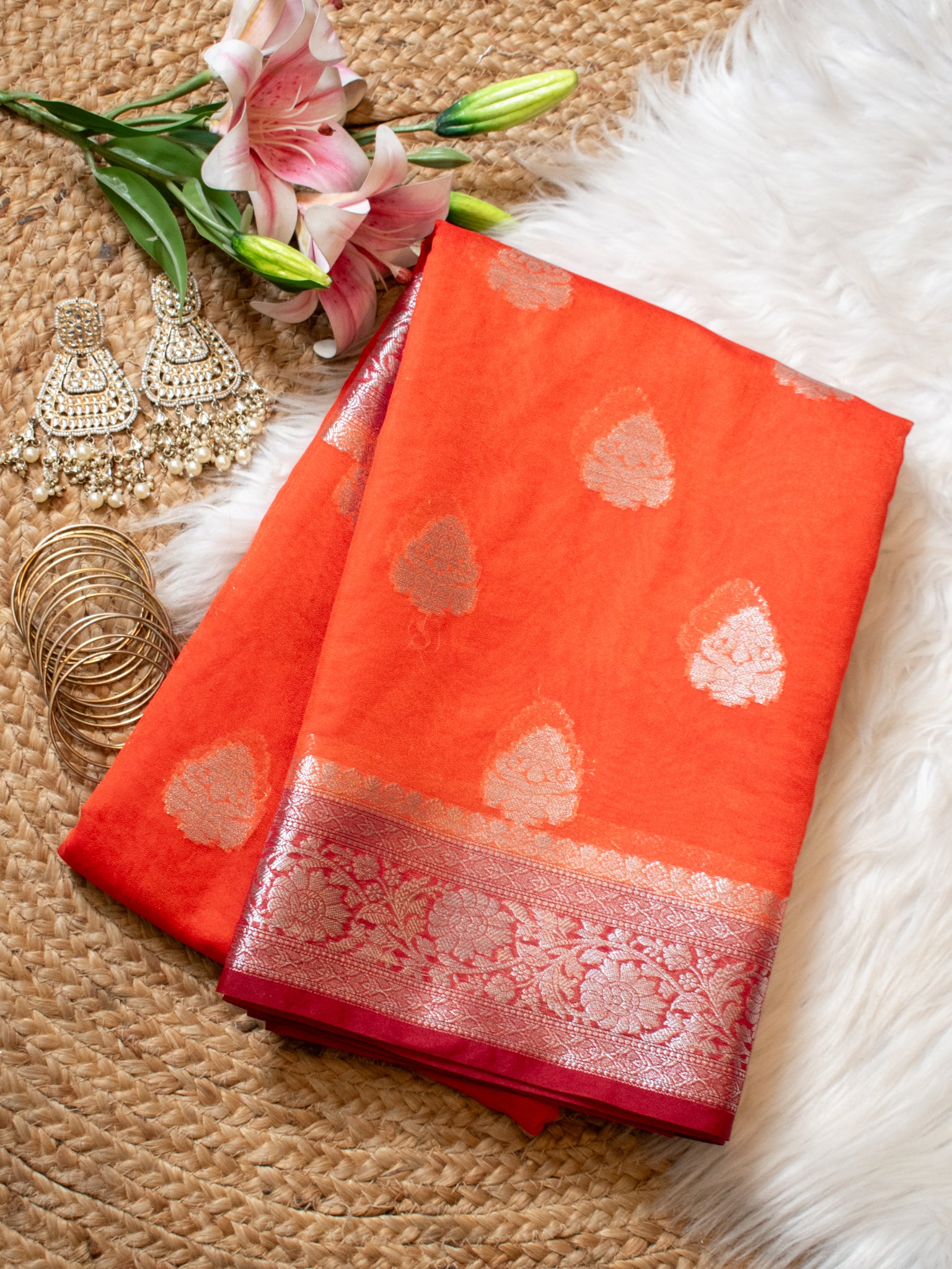 Banarasi Semi Chiffon Saree with Zari Weaving & Border- Orange