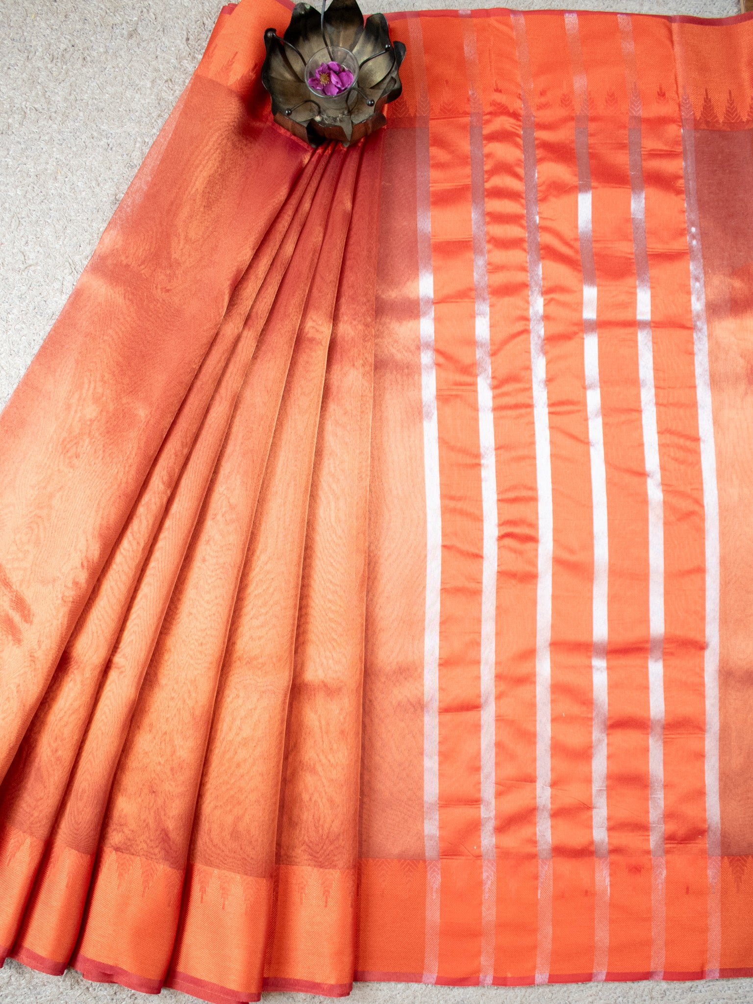Banarasi Plain Shaded Tissue Saree With Zari Border - Orange