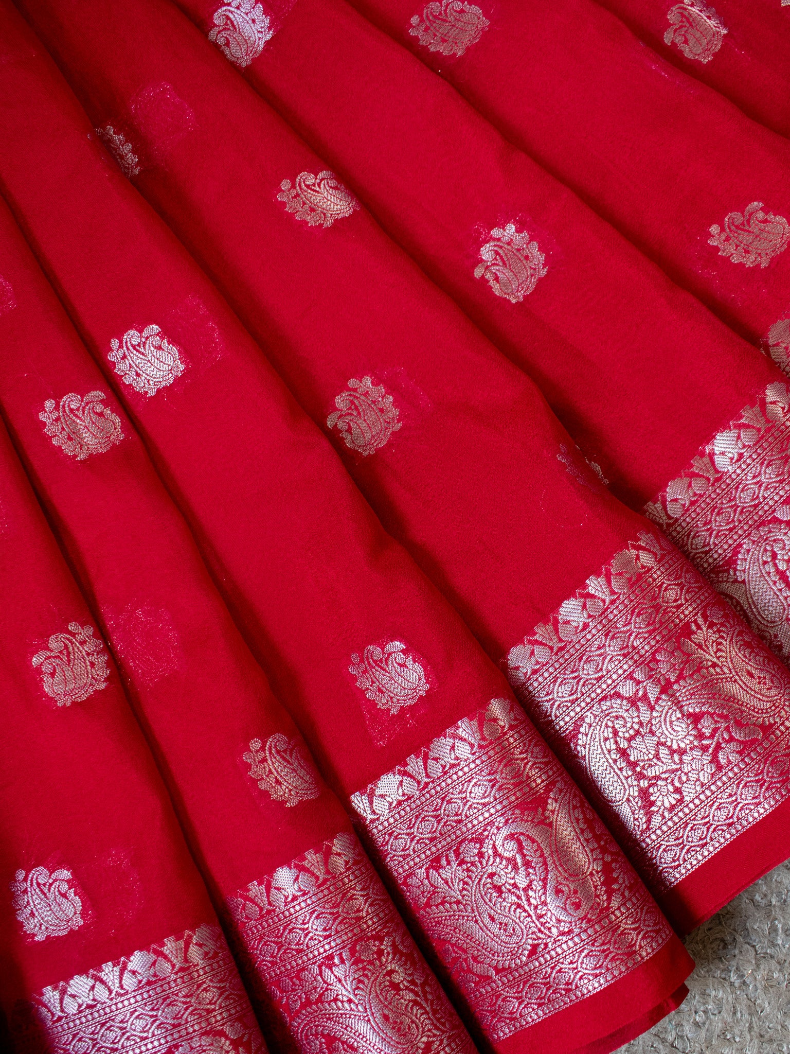 Banarasi Semi Chiffon Saree Silver Zari Buti Weaving-Red