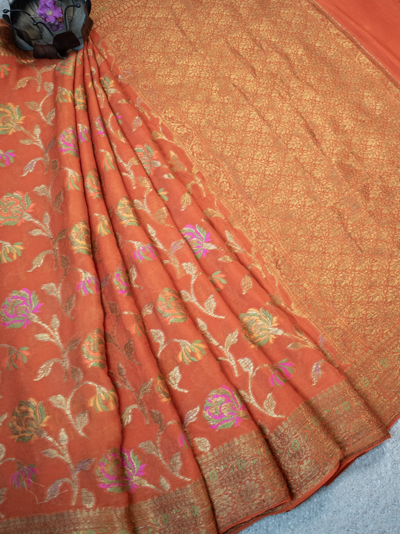 Banaras Pure Georgette Saree With Resham Weaving-Orange