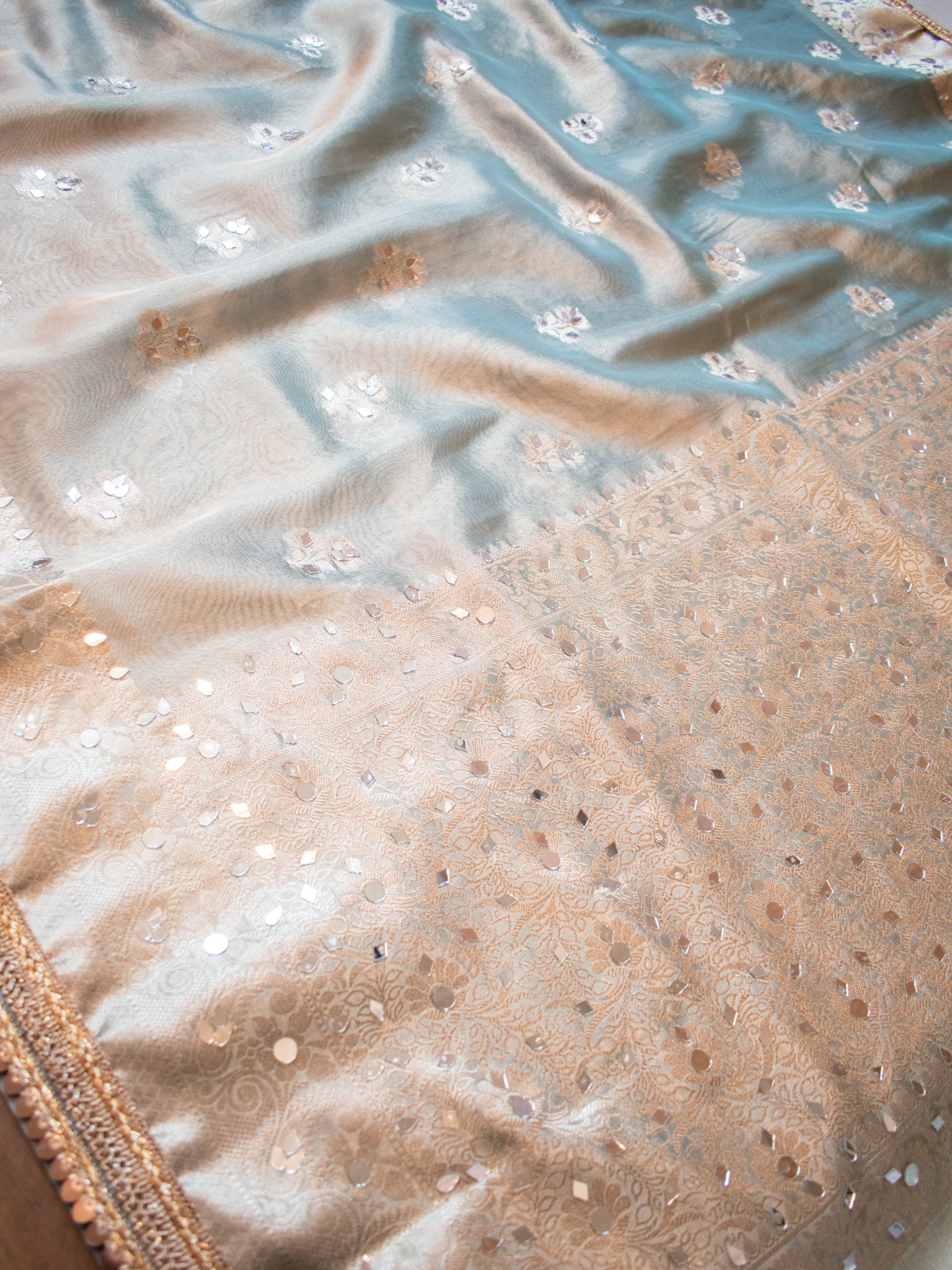 Banarasi Tissue Saree With Mirror Work & Lace Border- Pastel Blue