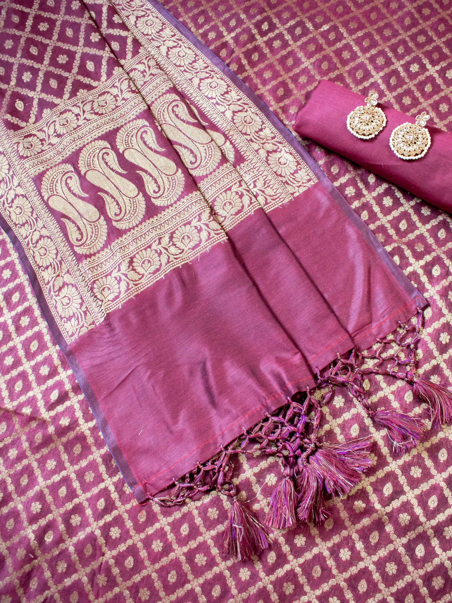 Banarasi Cotton Silk Zari Weaving Salwar Kameez Material-Wine