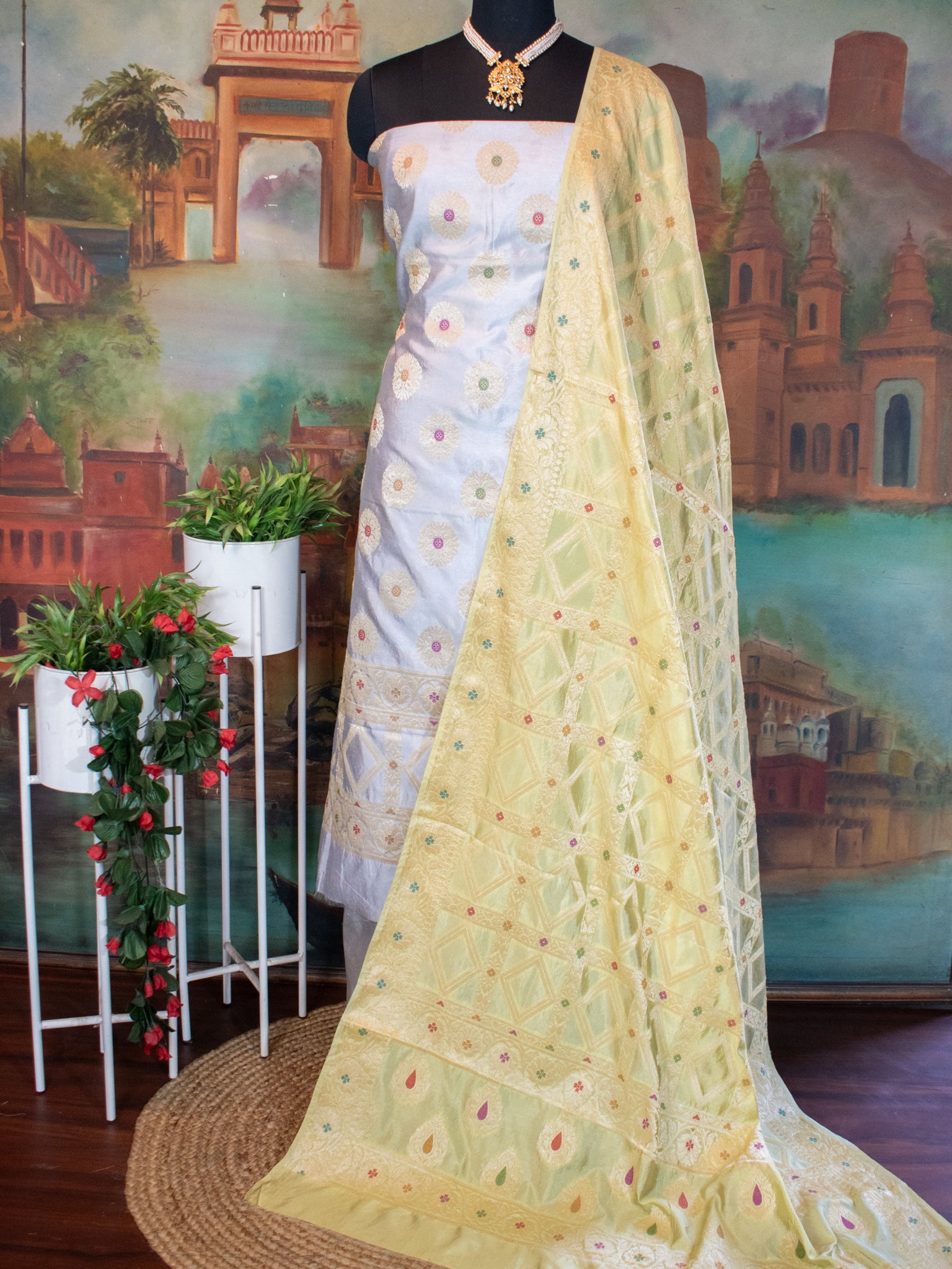 Banarasi Cotton Silk Salwar Kameez With Heavy Jaal Dupatta- Grey