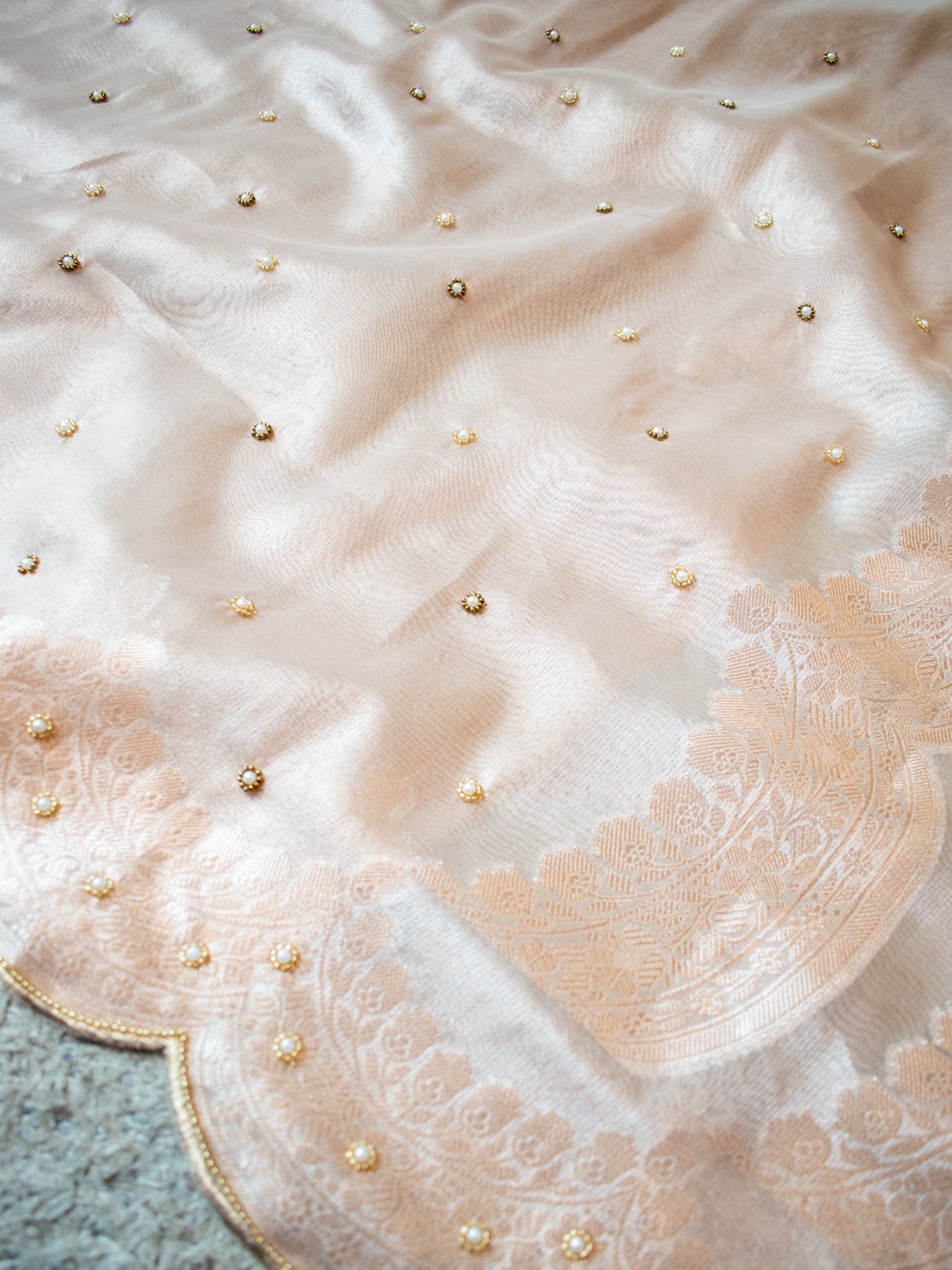 Banarasi Tissue Saree With Scallop Border - Beige