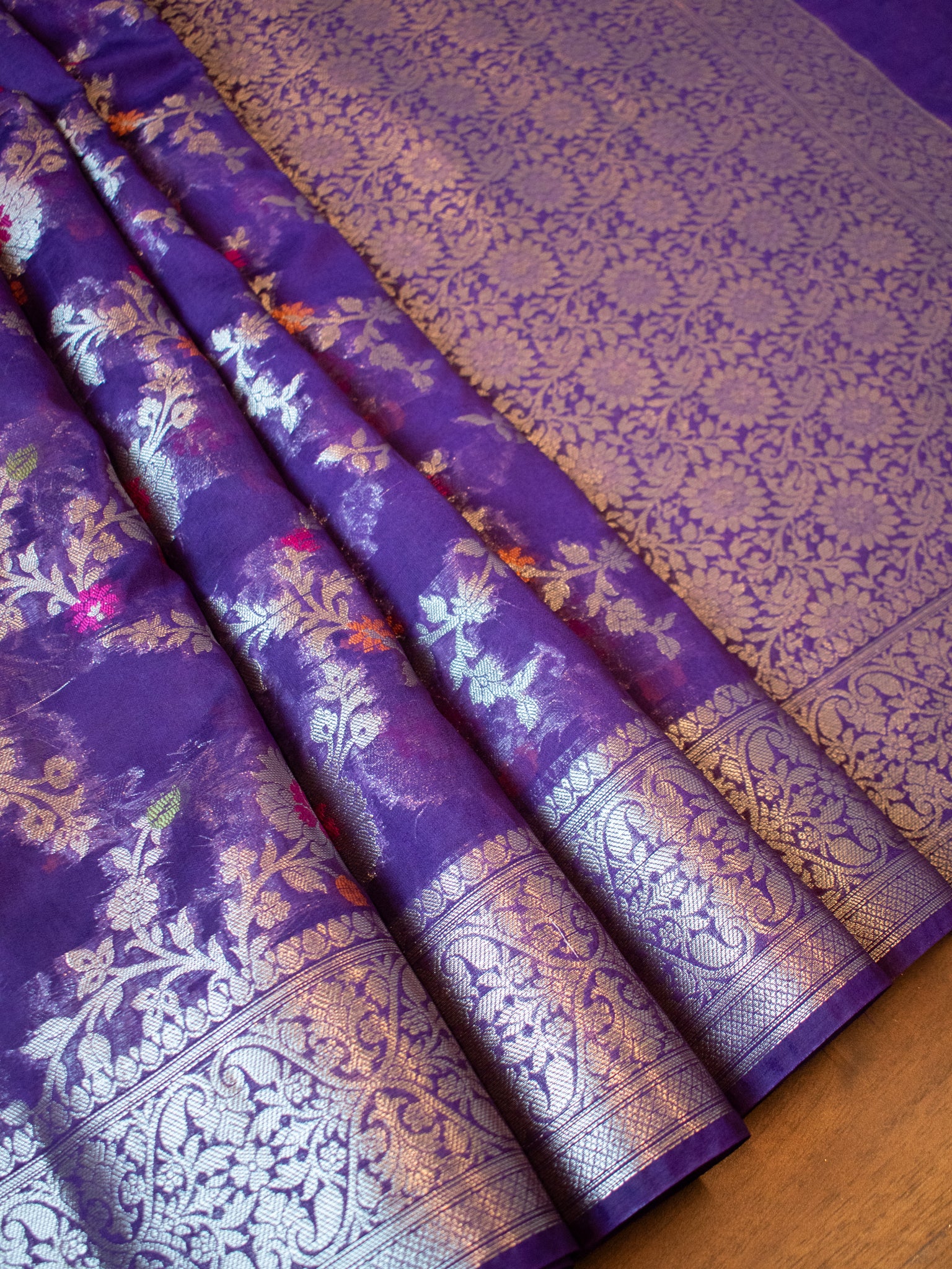 Banarasi Semi Silk Saree with Floral Weaving - Purple