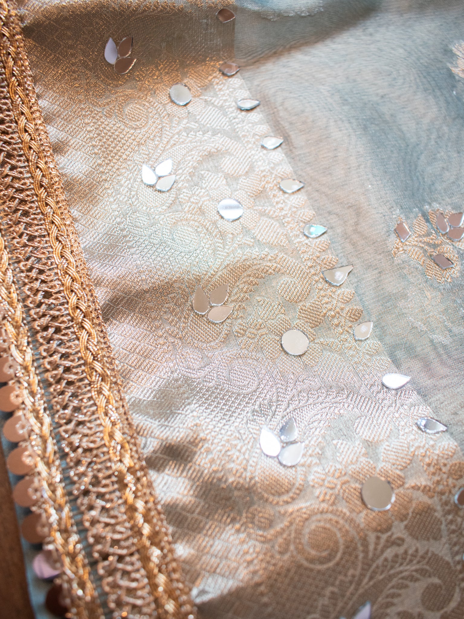 Banarasi Tissue Saree With Mirror Work & Lace Border- Pastel Blue