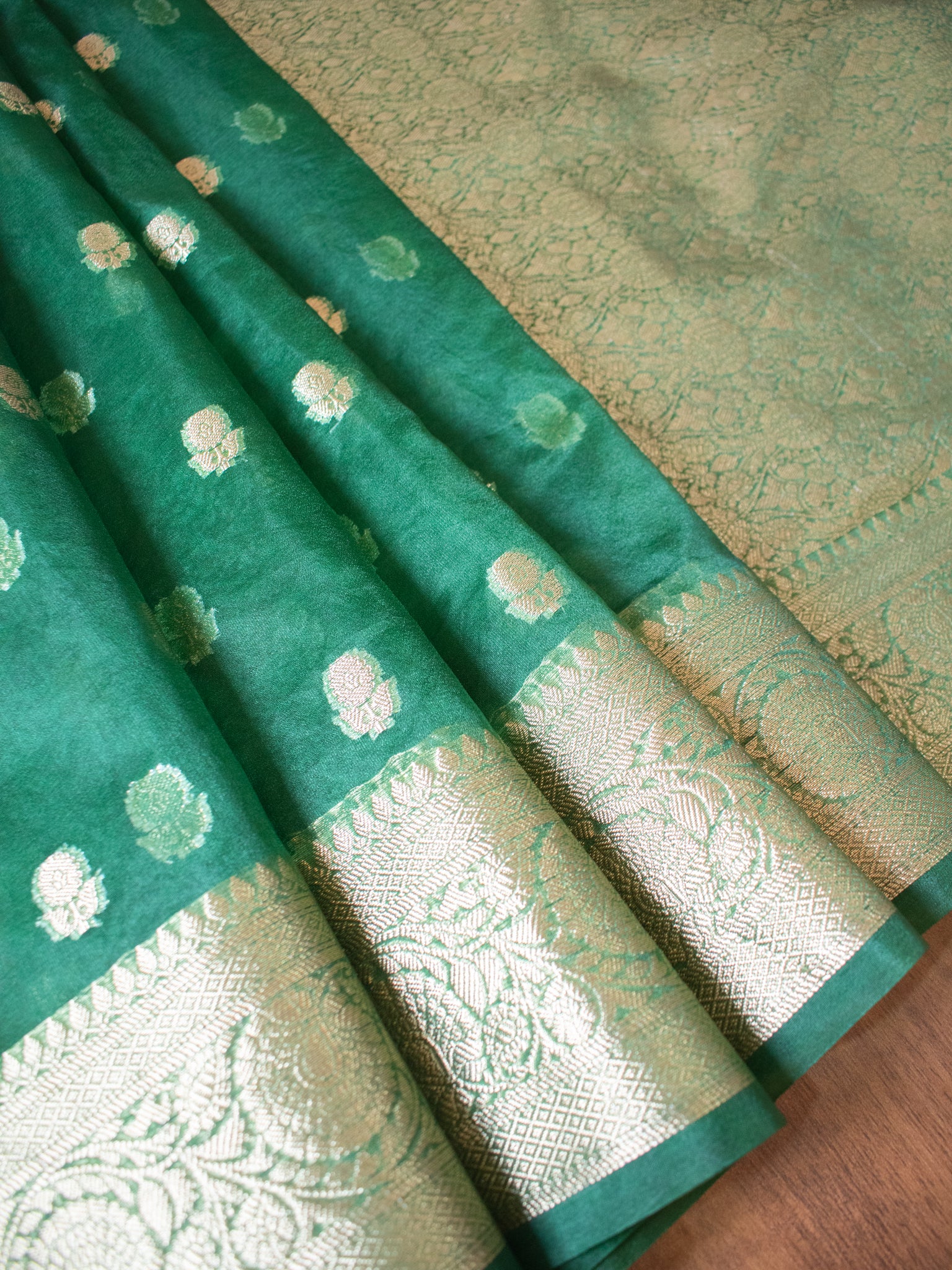 Banarasi Cotton Silk Saree With Zari Weaving & Border- Green