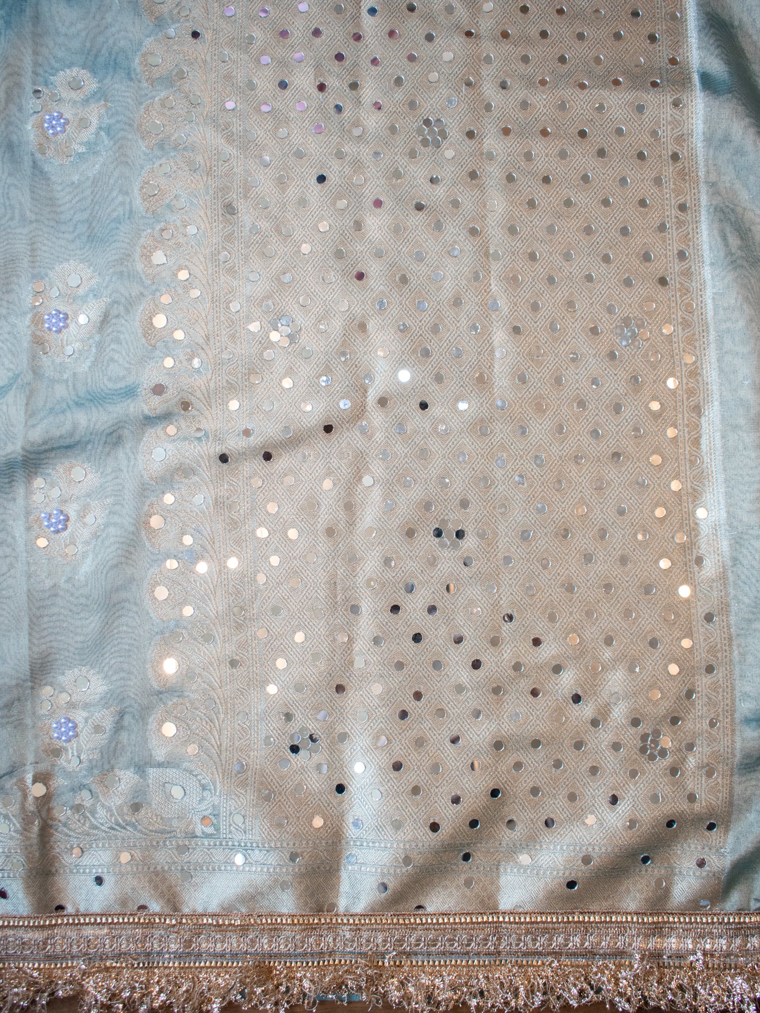 Banarasi Mirror Work Tissue Saree with Lace Border - Blue