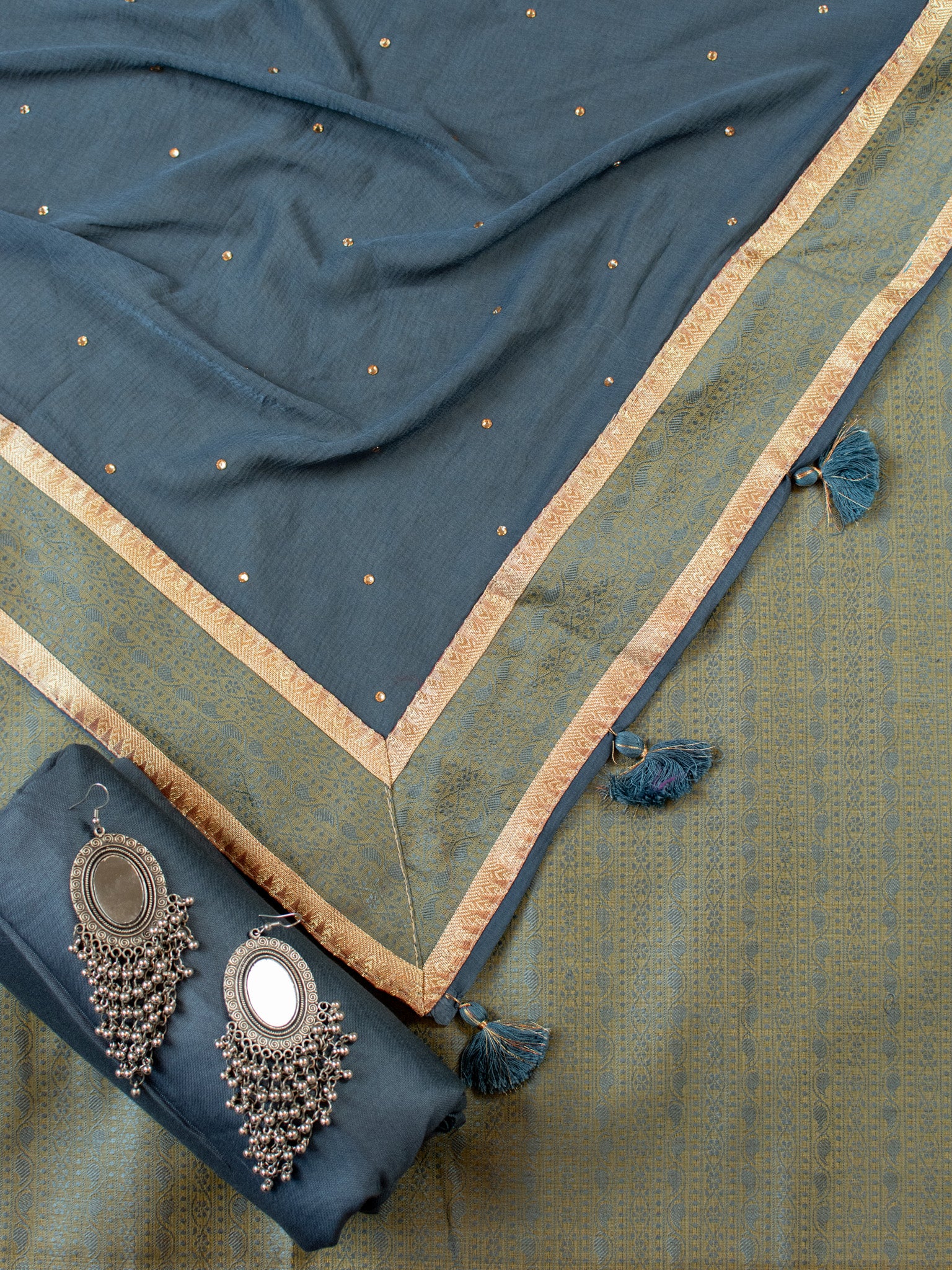 Banarasi Cotton Silk Resham Weaving Salwar Kameez Material With Dupatta- Green & Grey