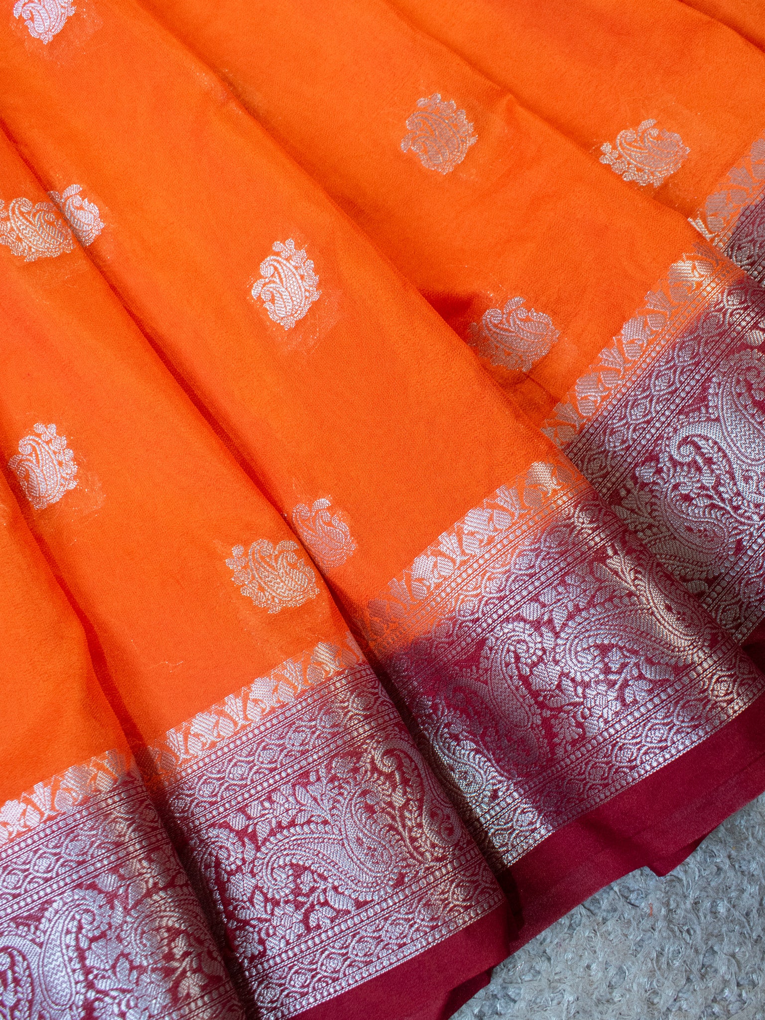 Banarasi Semi Chiffon Saree Silver Zari Buti Weaving With Contrast Border- Orange