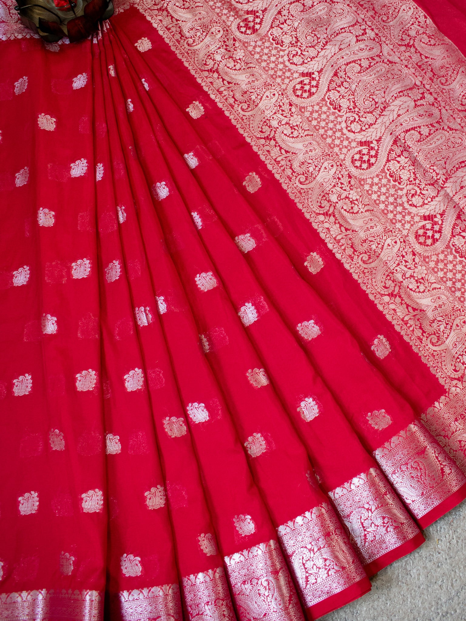 Banarasi Semi Chiffon Saree Silver Zari Buti Weaving-Red