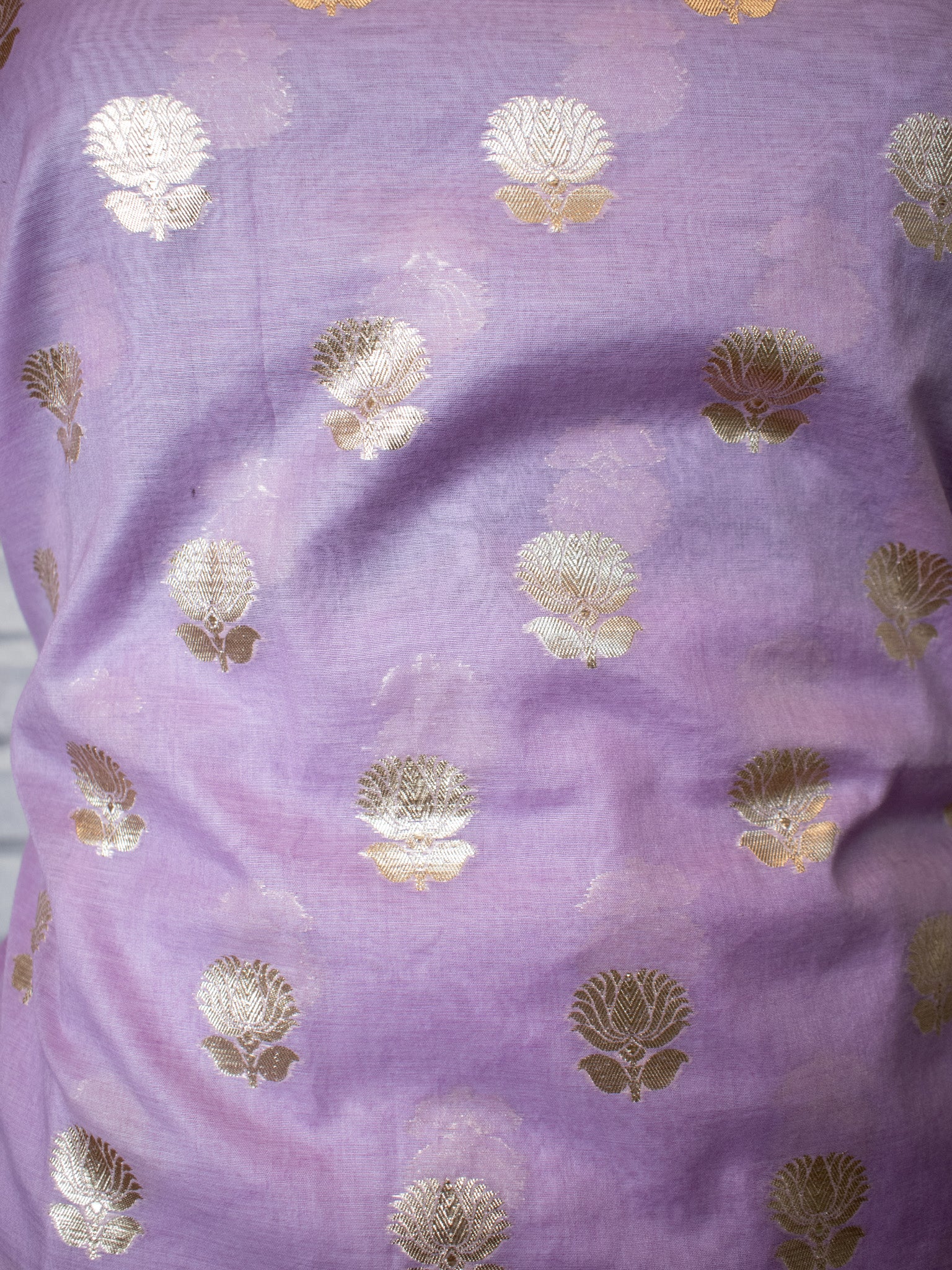 Banarasi Cotton Silk Salwar Kameez Material With Silver Zari & Hand Printed Dupatta-Purple